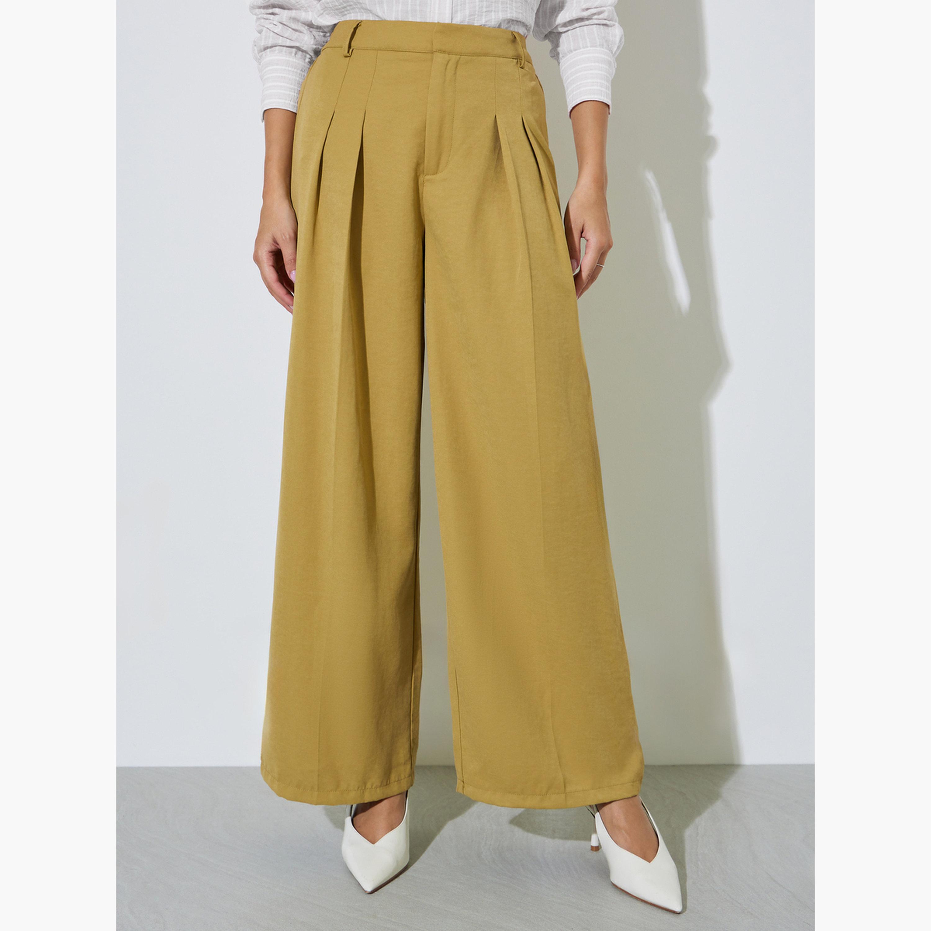 Styli Beige Wide Leg with Pleat Detailing Formal Pants-women-clothing-bottoms-joggers-image-1
