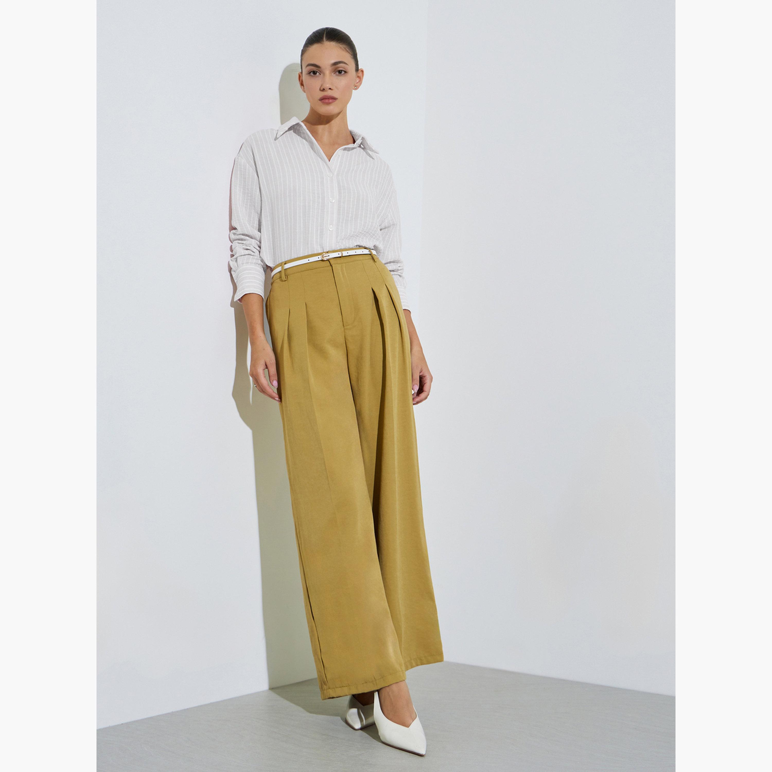 Styli Beige Wide Leg with Pleat Detailing Formal Pants-women-clothing-bottoms-joggers-image-2