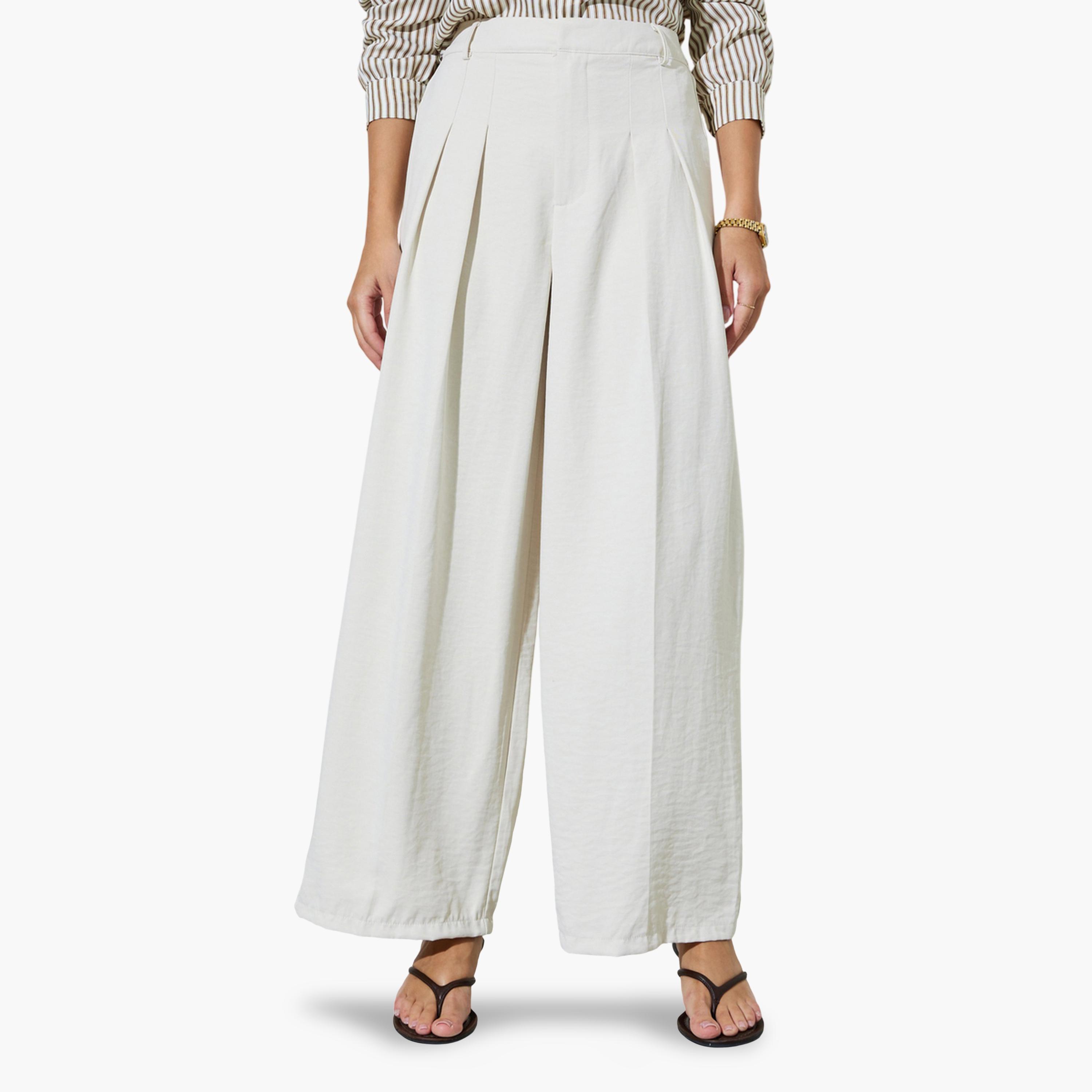 Styli Cream Wide Leg with Pleat Detailing Formal Pants-women-clothing-bottoms-joggers-image-1
