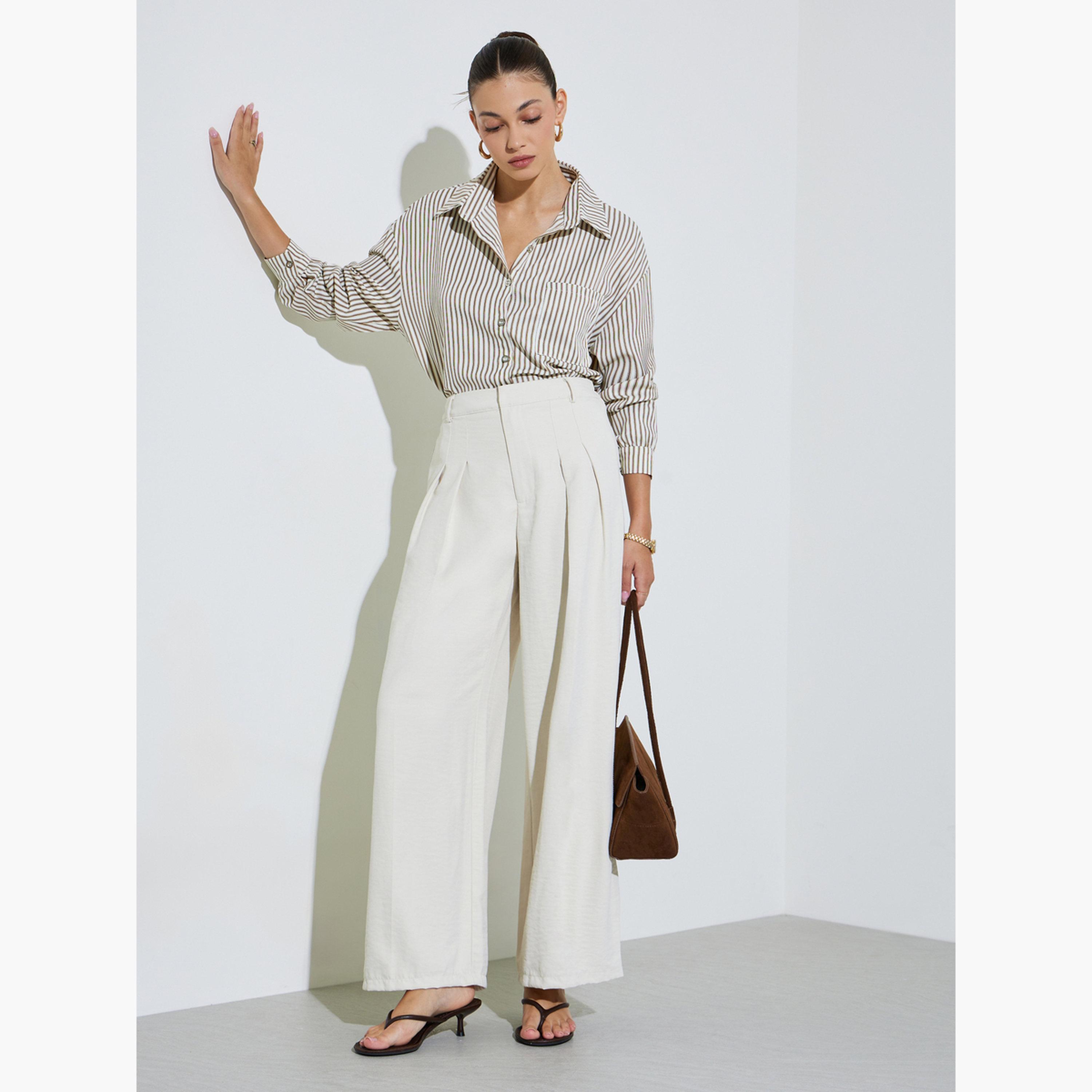 Styli Cream Wide Leg with Pleat Detailing Formal Pants-women-clothing-bottoms-joggers-image-2