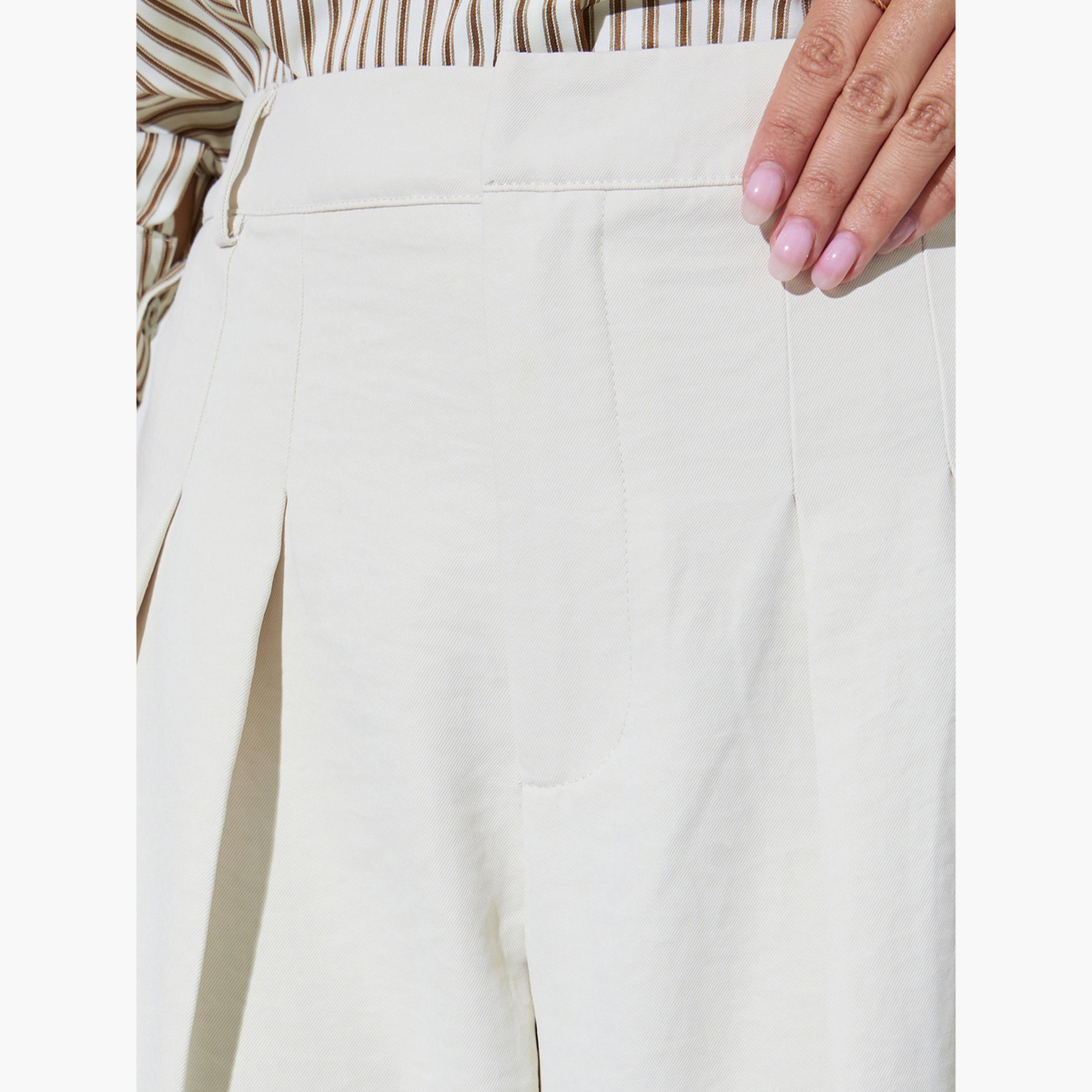Styli Cream Wide Leg with Pleat Detailing Formal Pants-women-clothing-bottoms-joggers-image-3