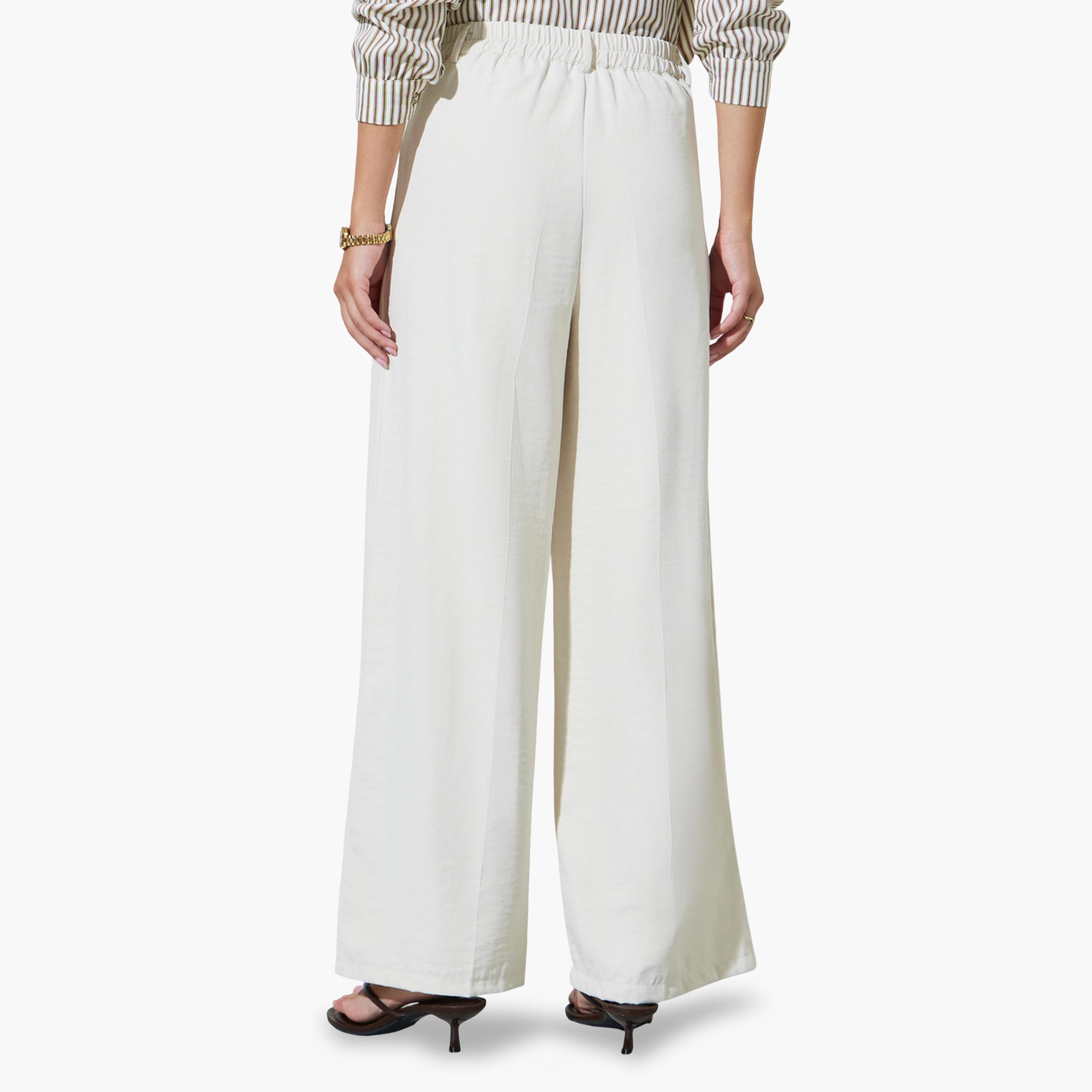 Styli Cream Wide Leg with Pleat Detailing Formal Pants-women-clothing-bottoms-joggers-image-4