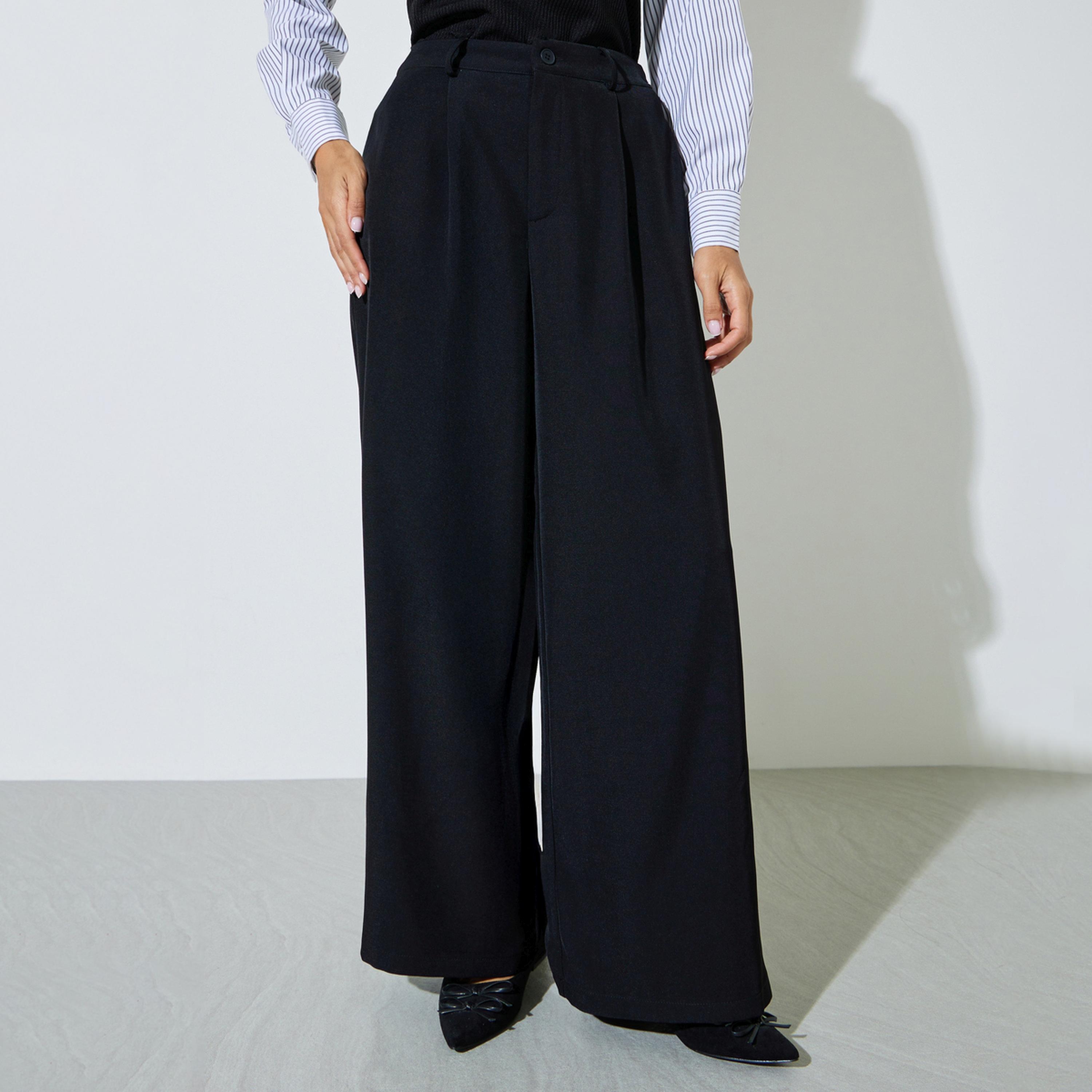 Styli Black Wide Leg With Pleat Detailing Formal Pants-women-clothing-bottoms-joggers-image-1