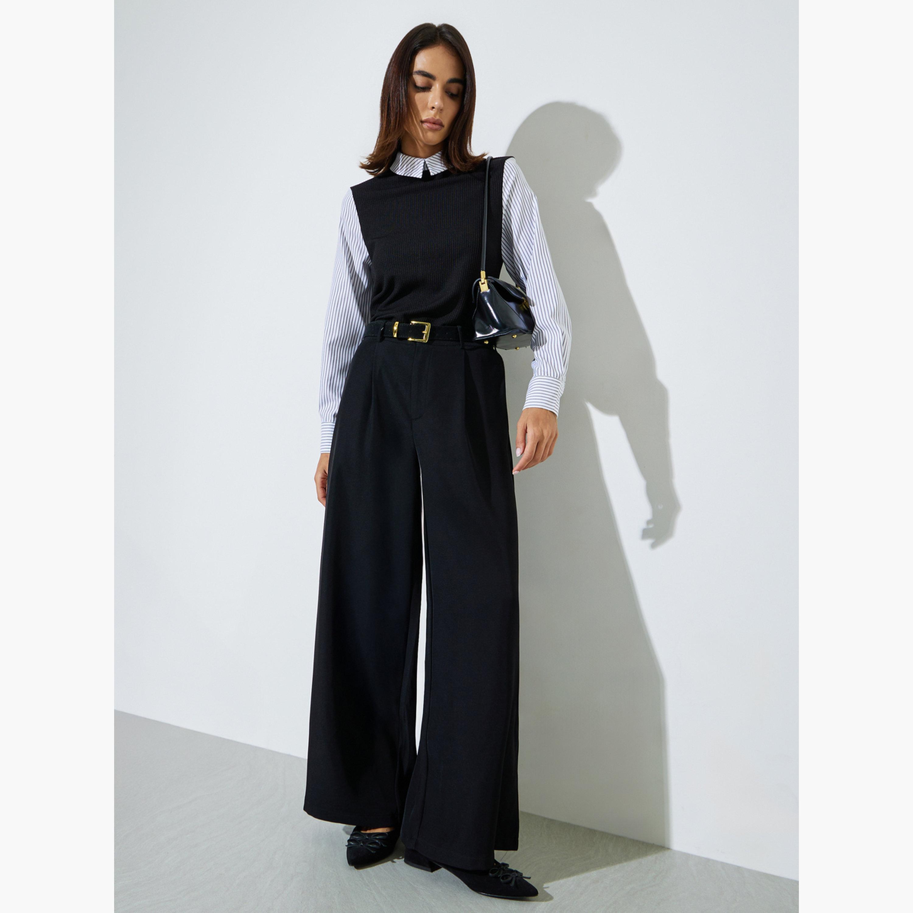 Styli Black Wide Leg With Pleat Detailing Formal Pants-women-clothing-bottoms-joggers-image-2