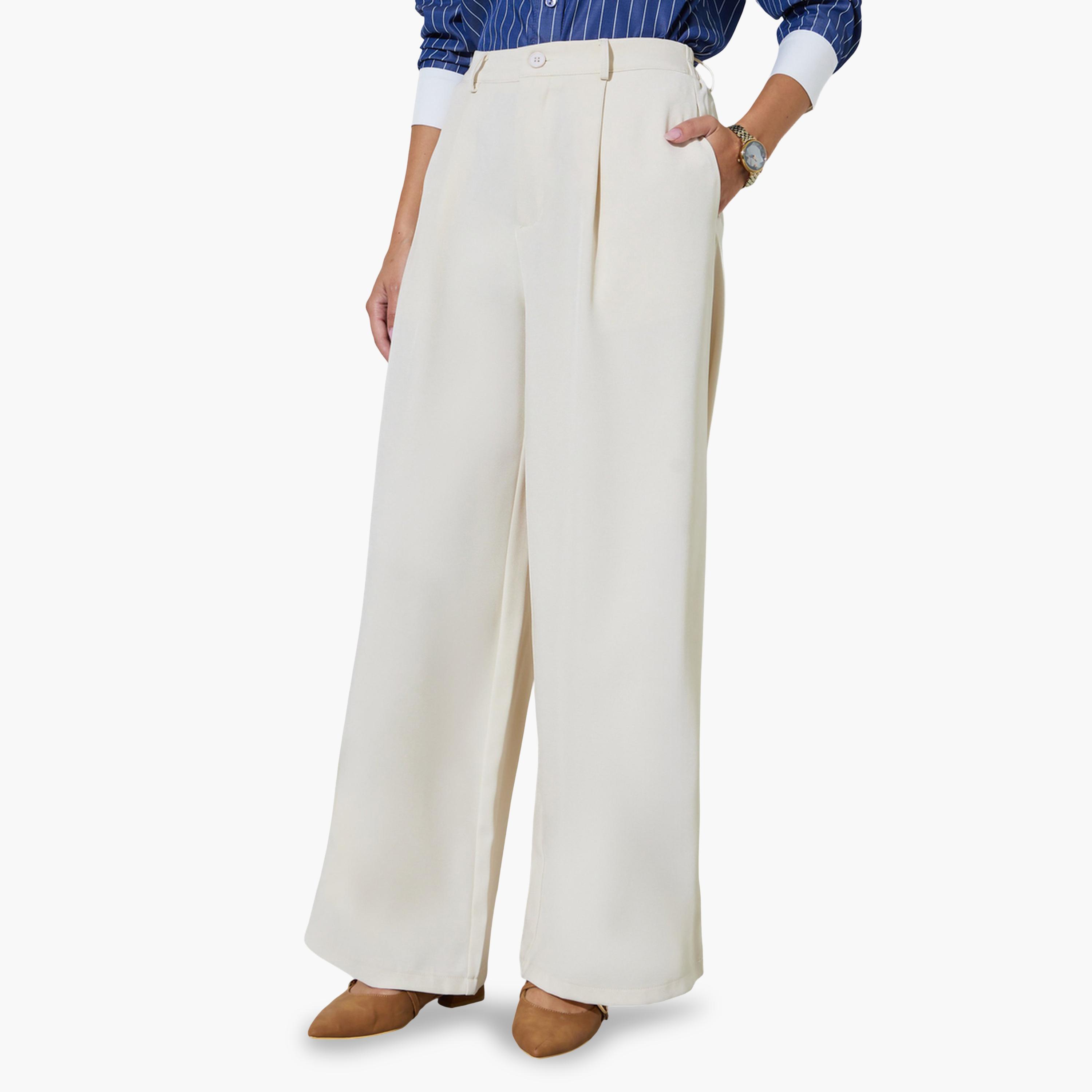 ستايلي - بنطلون رسمي واسع الساقين بلون كريمي مع تفاصيل ثنيات-women-clothing-bottoms-joggers-image-1
