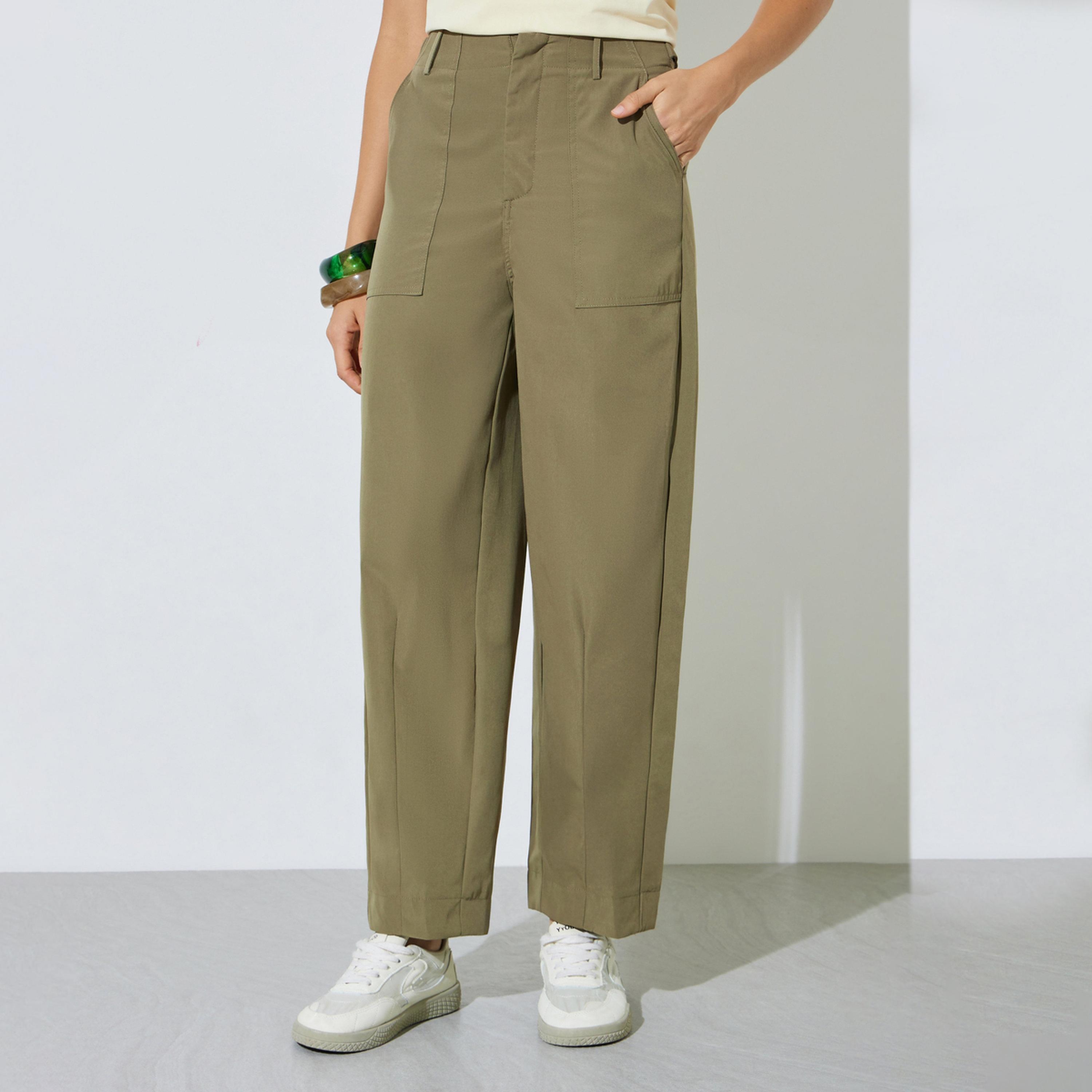 Styli Olive Baggy Fit Solid Pants-women-clothing-bottoms-trousers-image-1