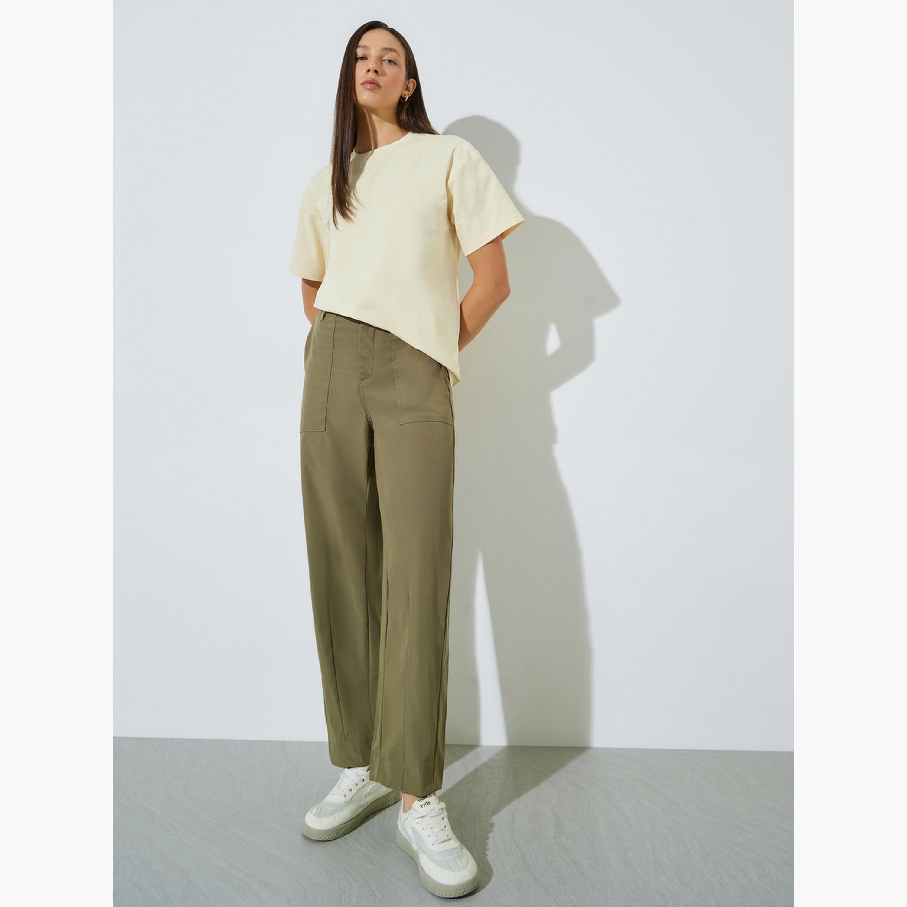 Styli Olive Baggy Fit Solid Pants-women-clothing-bottoms-trousers-image-2