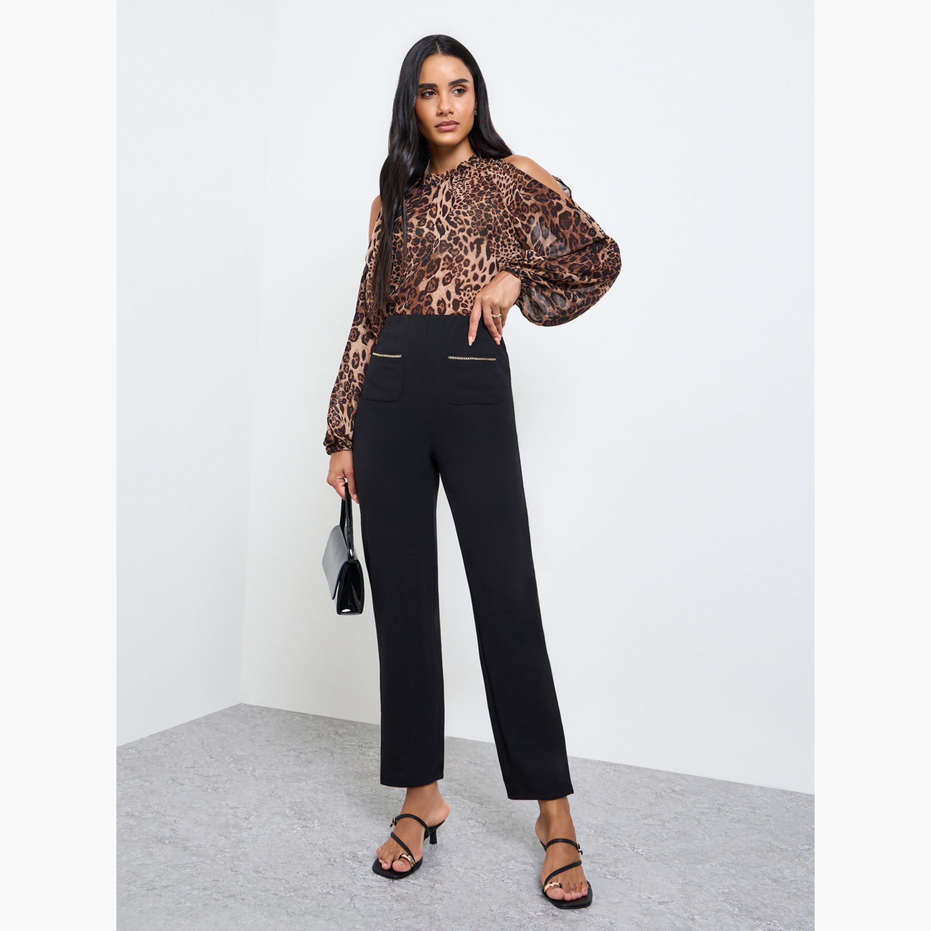 تيك تو - بنطال ضيق بتفاصيل جيب سلسلة سوداء-women-clothing-bottoms-joggers-image-2