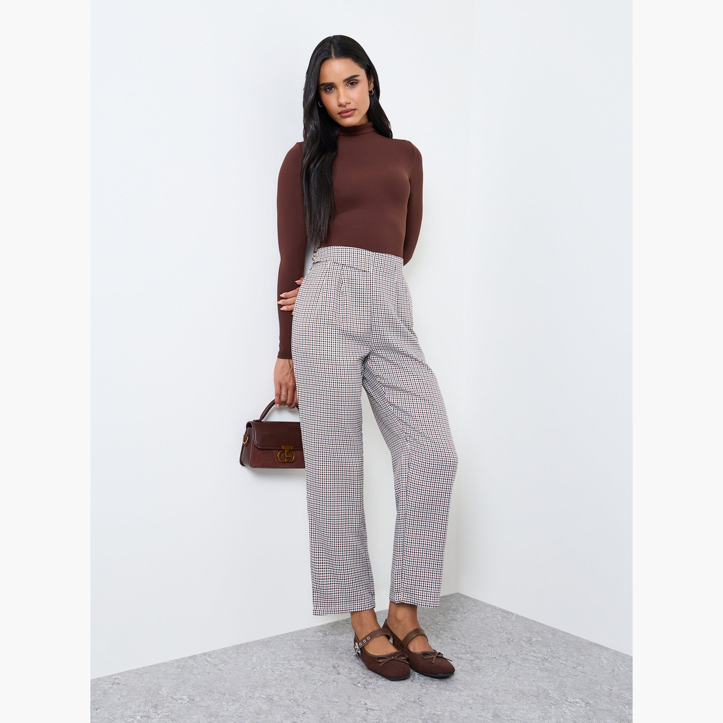 بنطال بقصة مستقيمة بنمط مربعات متعدد الألوان-women-clothing-trousers-image-2