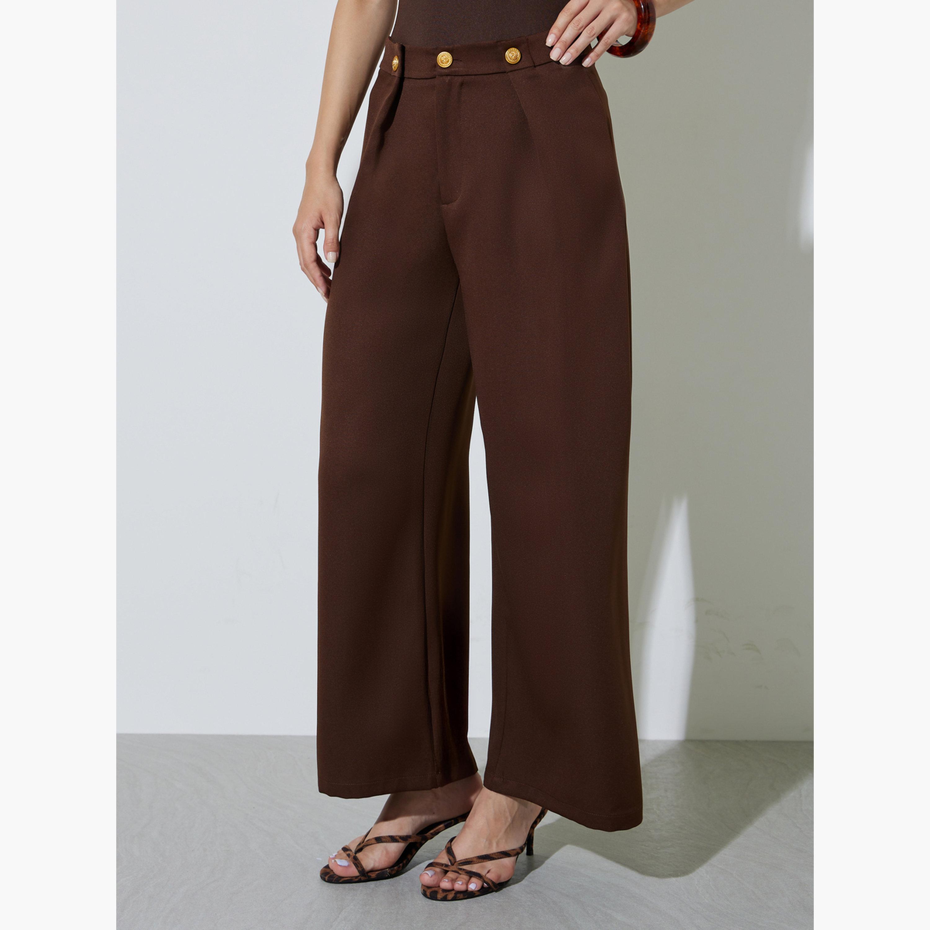 Take Two Brown Wide Leg Trousers with Buttons-women-clothing-bottoms-trousers-image-1