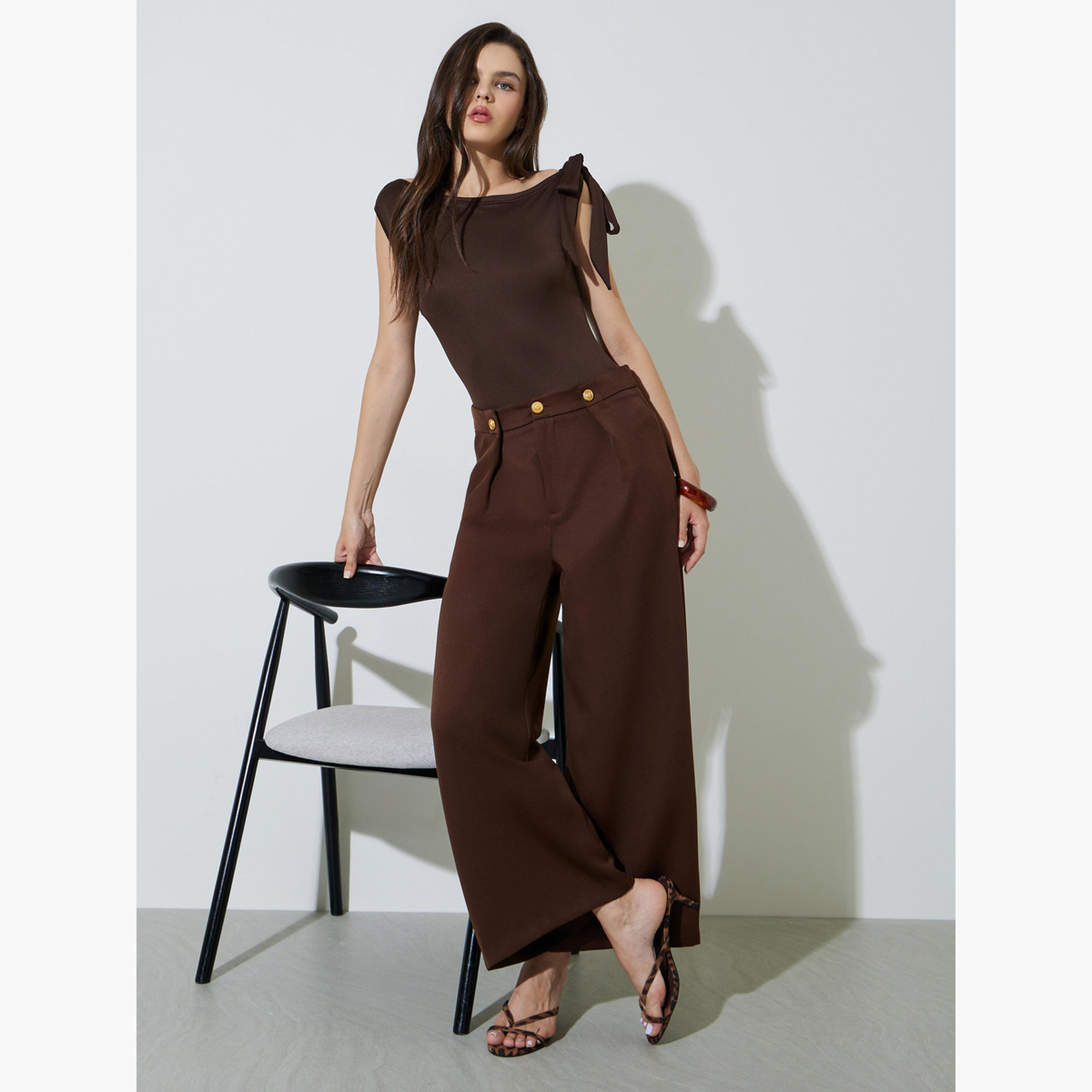 Take Two Brown Wide Leg Trousers with Buttons-women-clothing-bottoms-trousers-image-2
