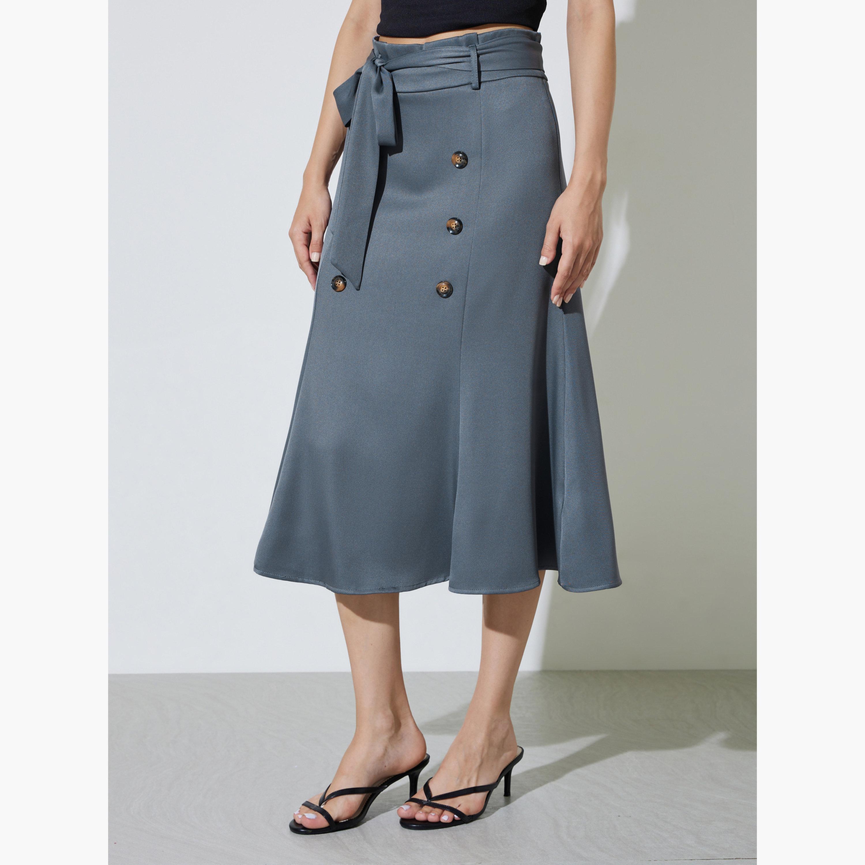 Take Two Grey Flared Midi Skirt with Button Detail-women-clothing-skirts-image-1