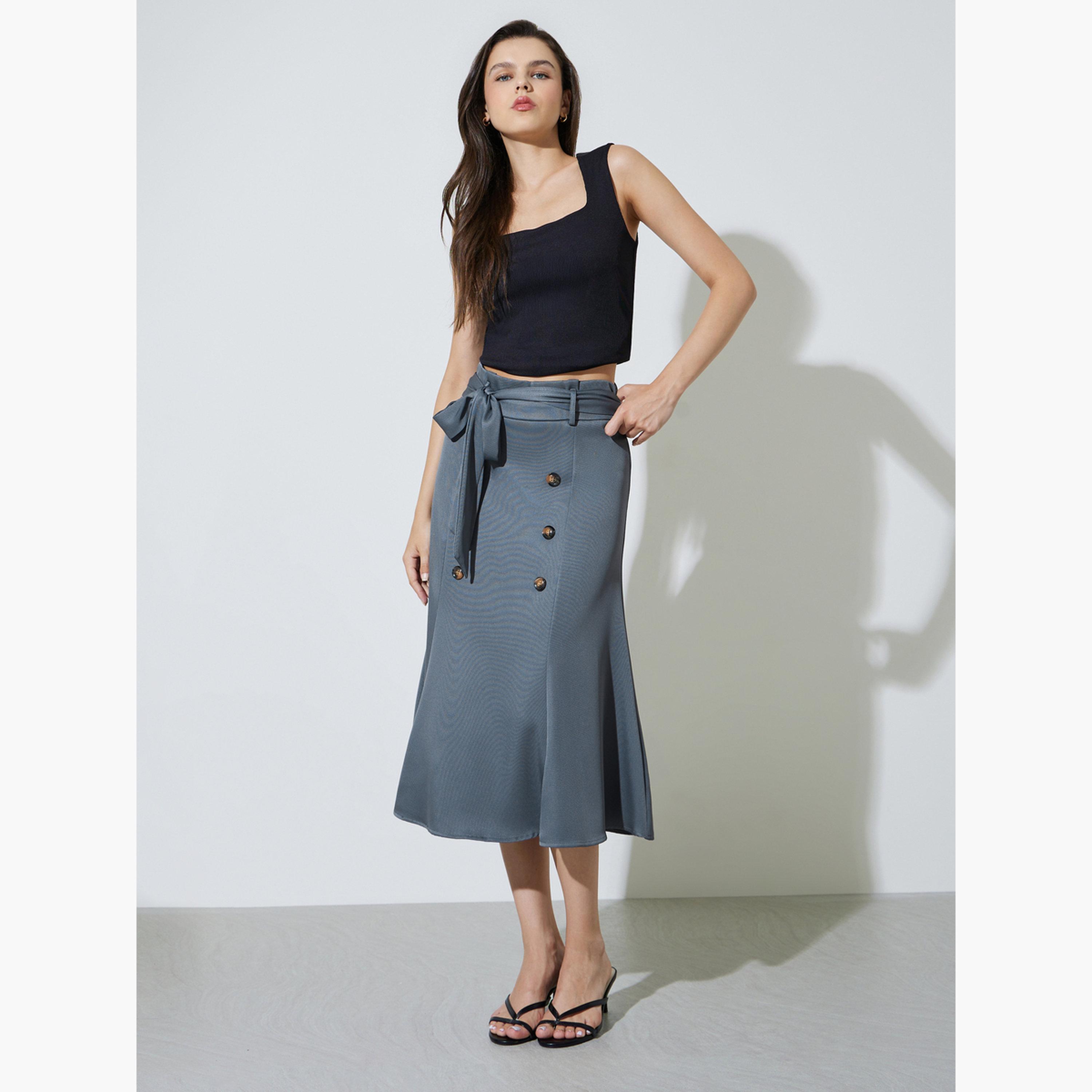 Take Two Grey Flared Midi Skirt with Button Detail-women-clothing-skirts-image-2