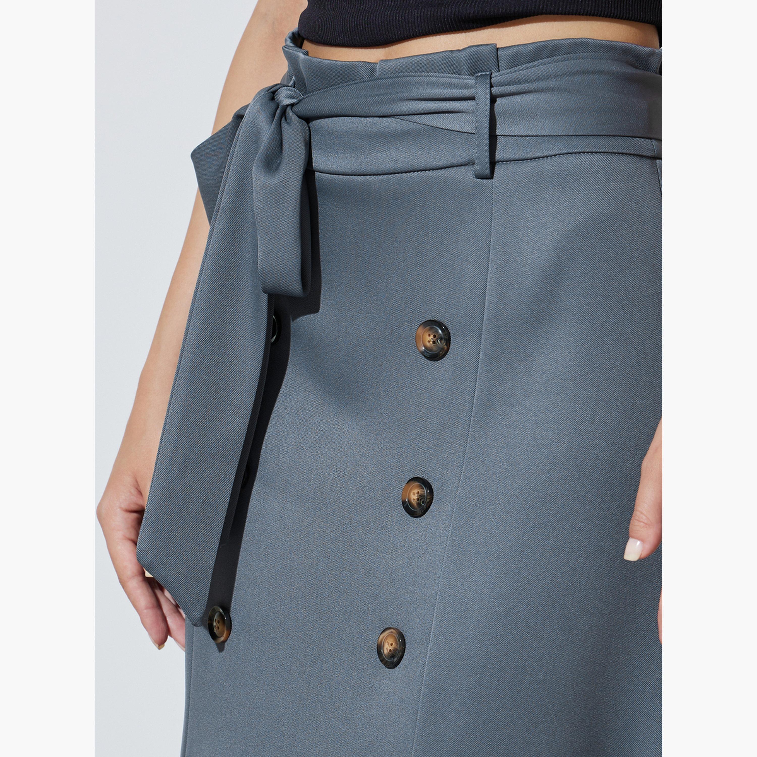 Take Two Grey Flared Midi Skirt with Button Detail-women-clothing-skirts-image-3