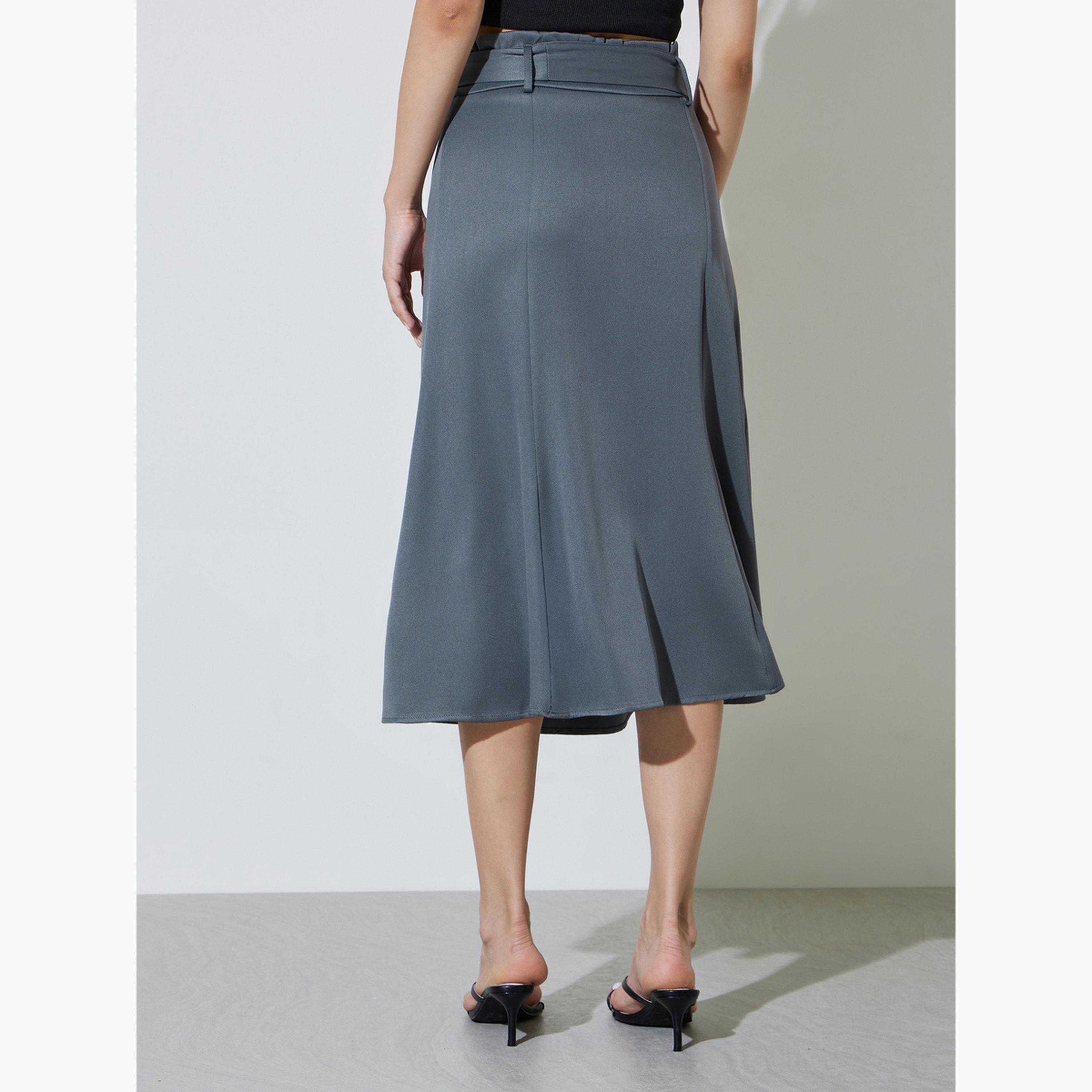Take Two Grey Flared Midi Skirt with Button Detail-women-clothing-skirts-image-4