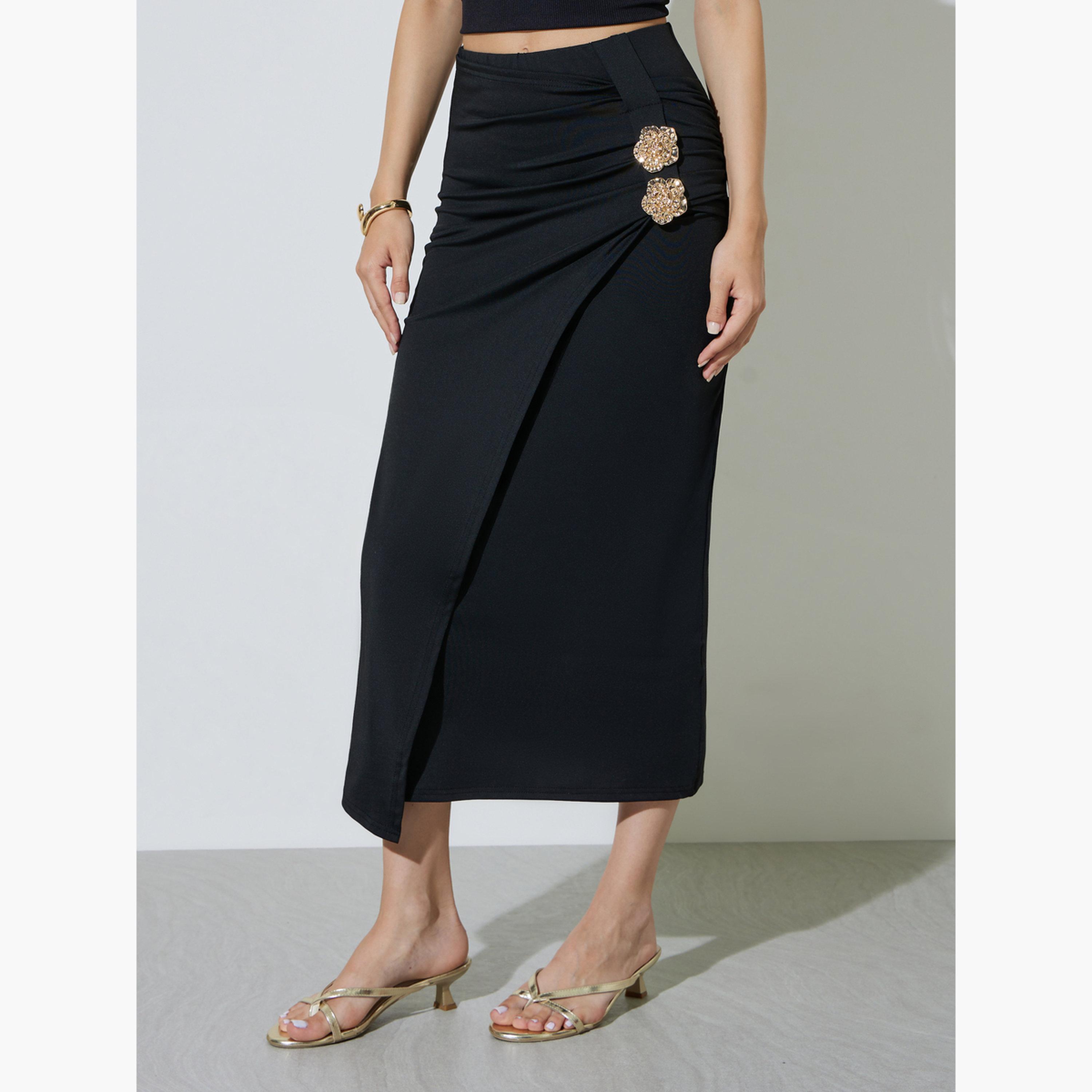 Take Two Black Pencil Midi Skirt with Decorative Buckles-women-clothing-skirts-image-1