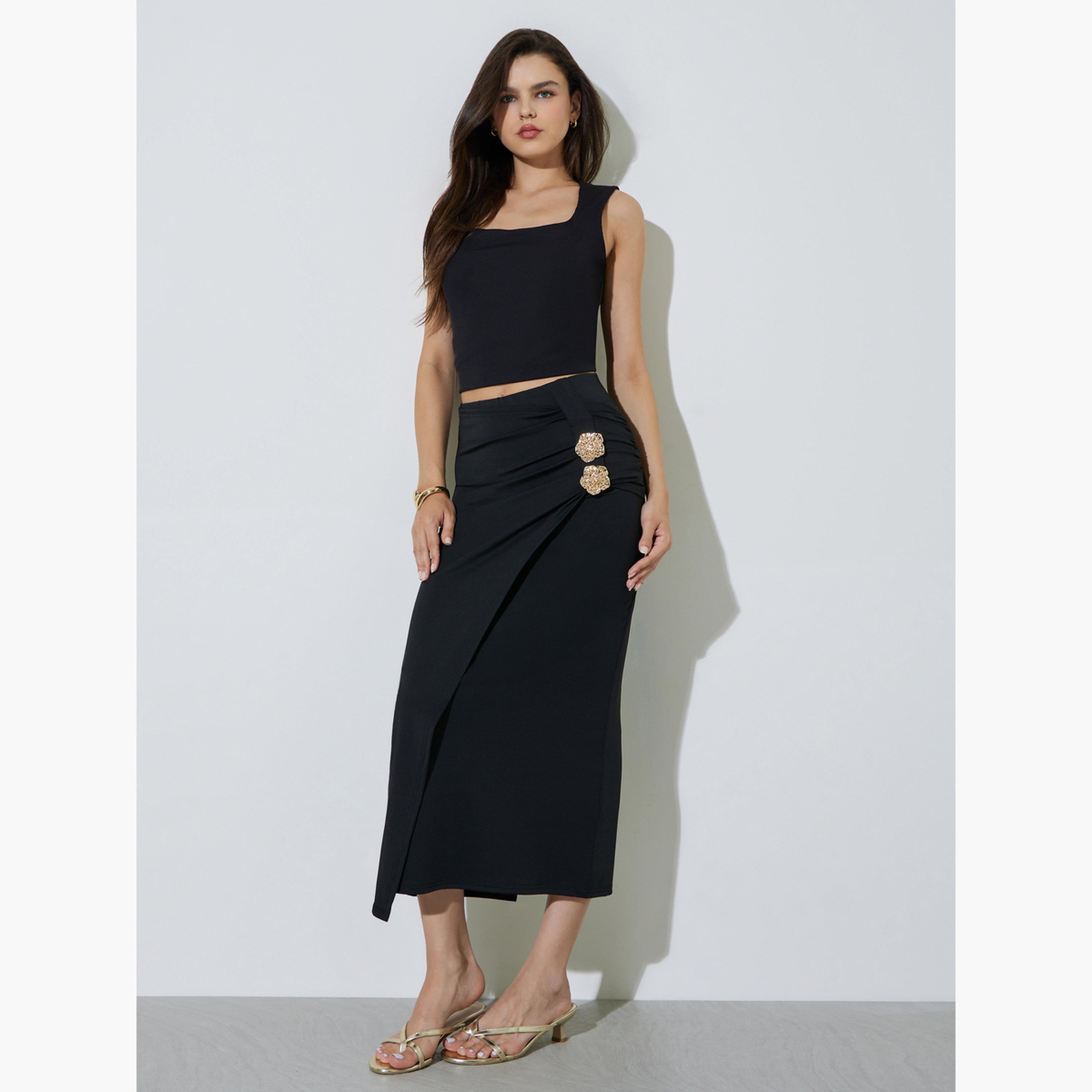 تنورة ميدي ضيقة بقصة قلم رصاص مع إبزيمات مزينة-women-clothing-skirts-image-2