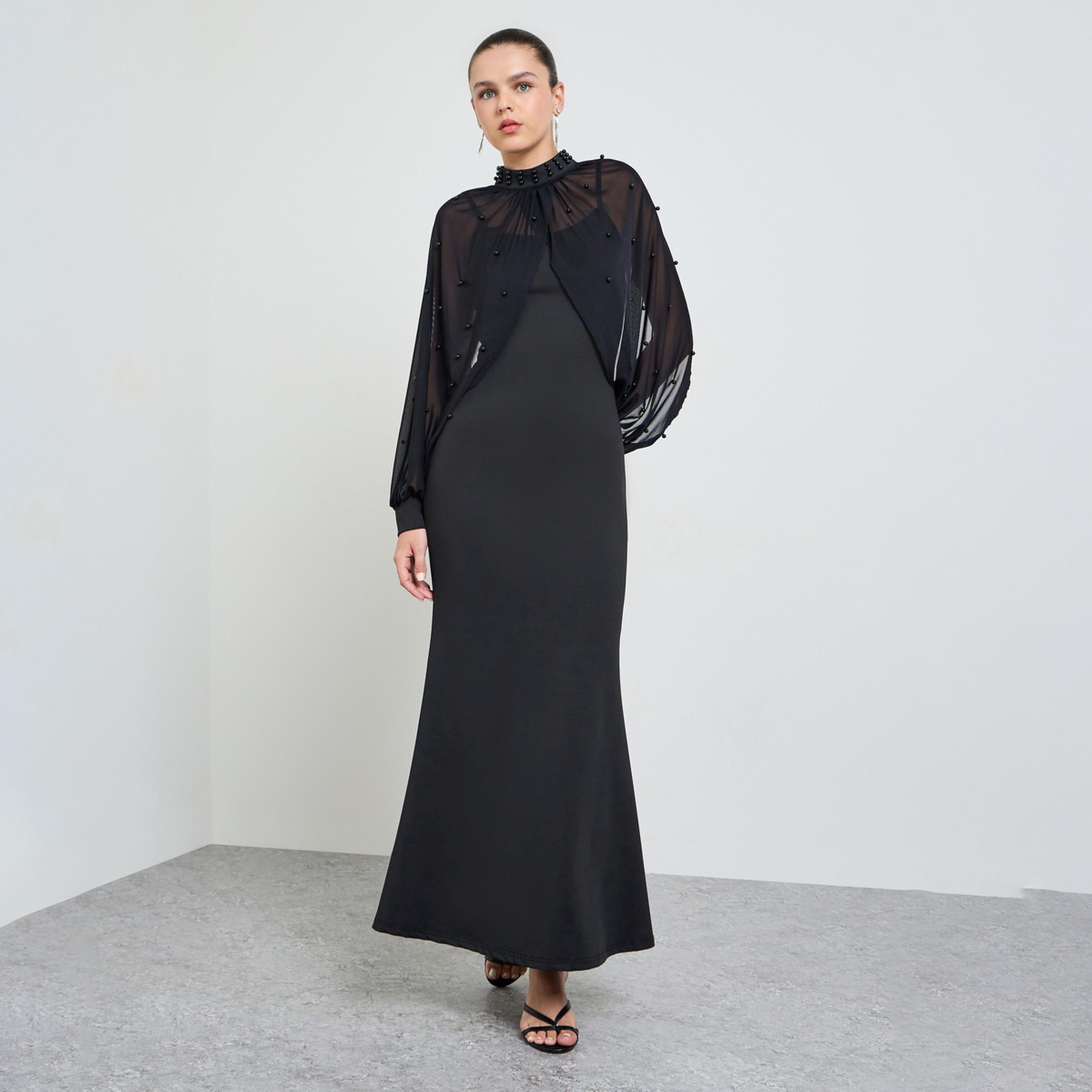 Take Two Black Sleeveless Maxi Dress and Beads Embellished Sheer Blouse Set-women-clothing-coordsets-image-1