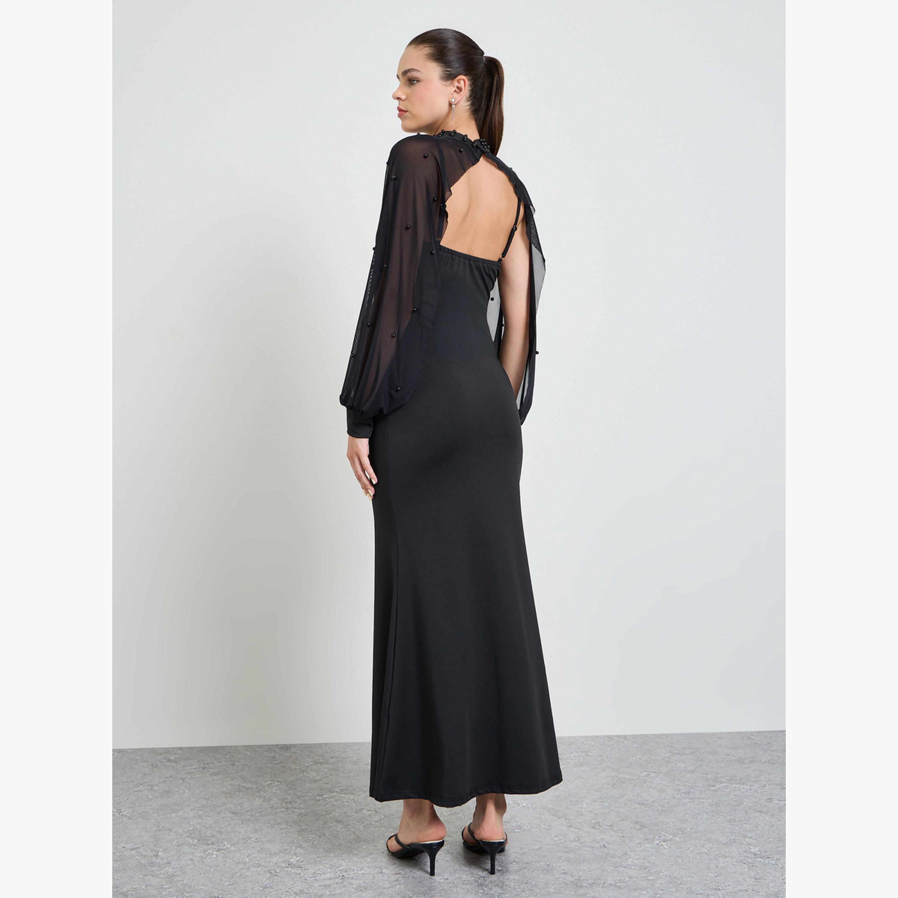 Take Two Black Sleeveless Maxi Dress and Beads Embellished Sheer Blouse Set-women-clothing-coordsets-image-2