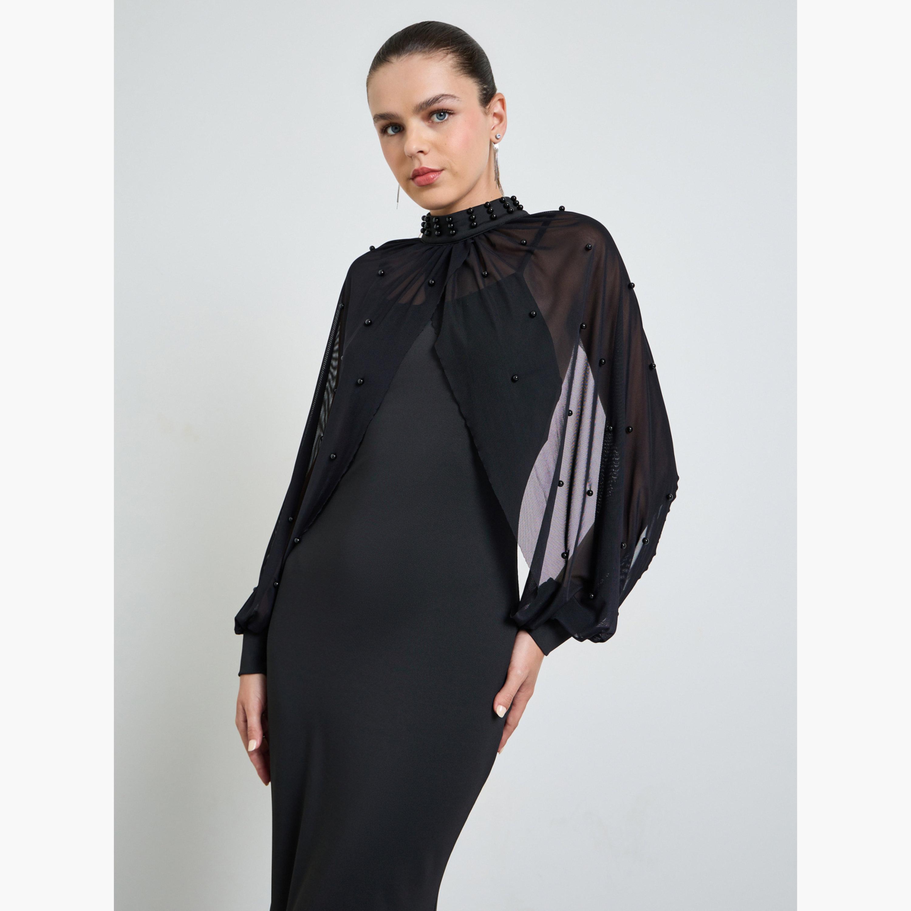 Take Two Black Sleeveless Maxi Dress and Beads Embellished Sheer Blouse Set-women-clothing-coordsets-image-3