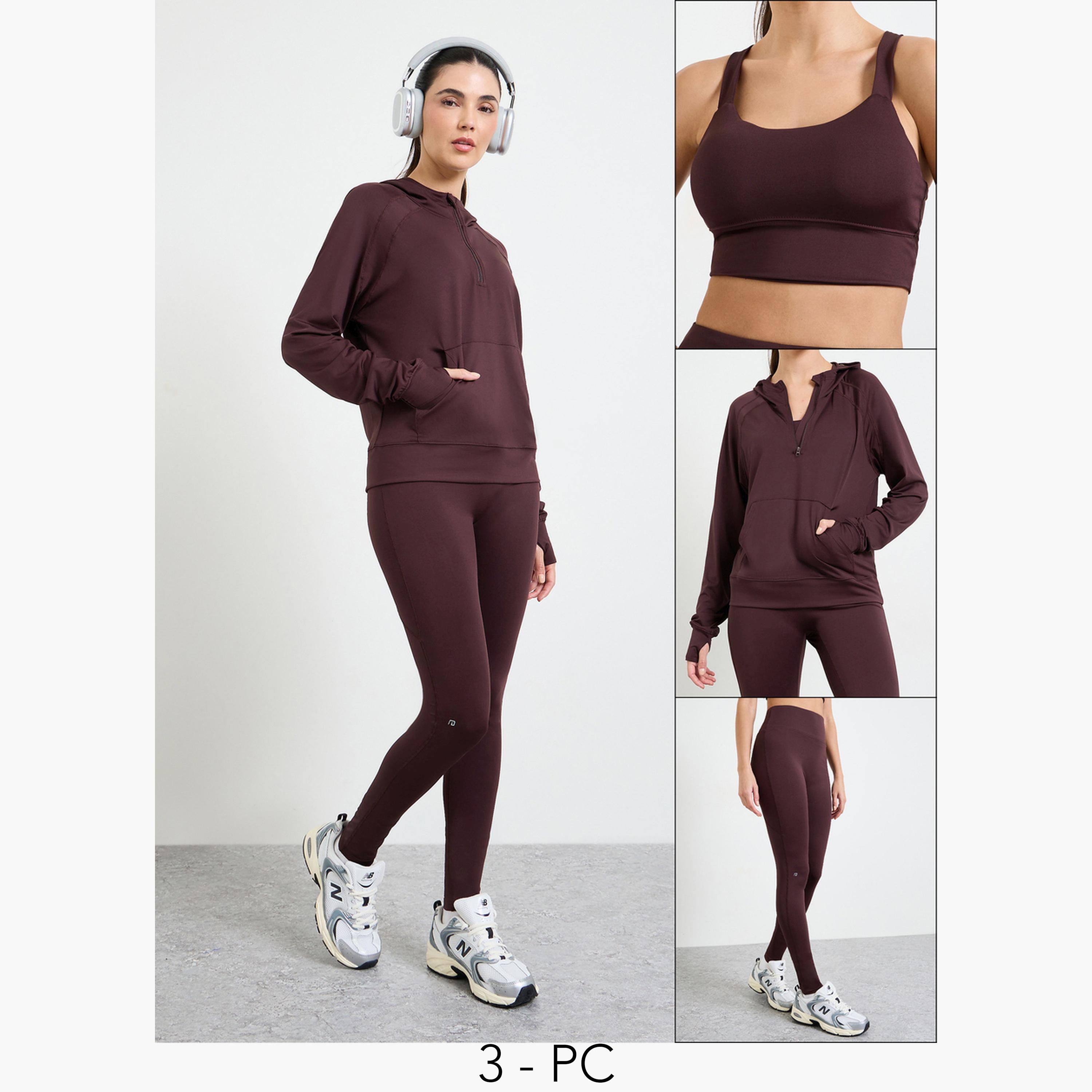 Styli Pack of 3 - Half Zip Up Loose Fit Hooded Top, Sport Bra and Leggings Set-sports-women-clothing-trackpantsandtracksuits-image-1