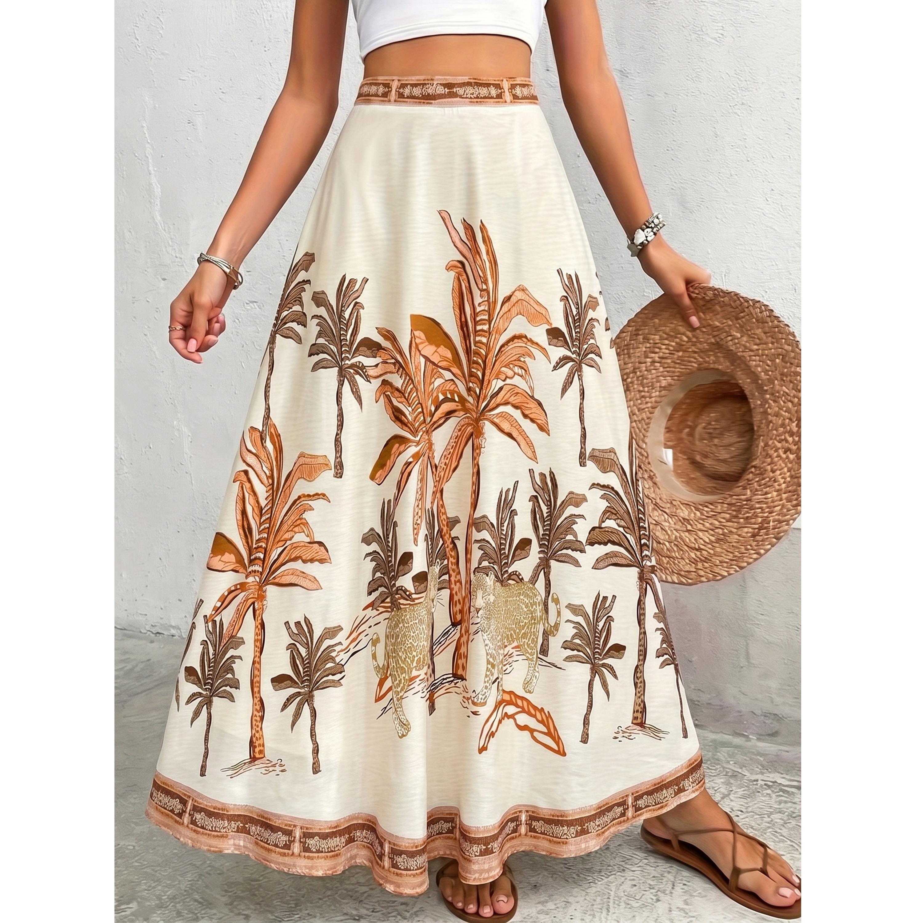 تنورة طويلة بحافة واسعة ونمط شجر نخل مطبوع-women-clothing-skirts-image-1