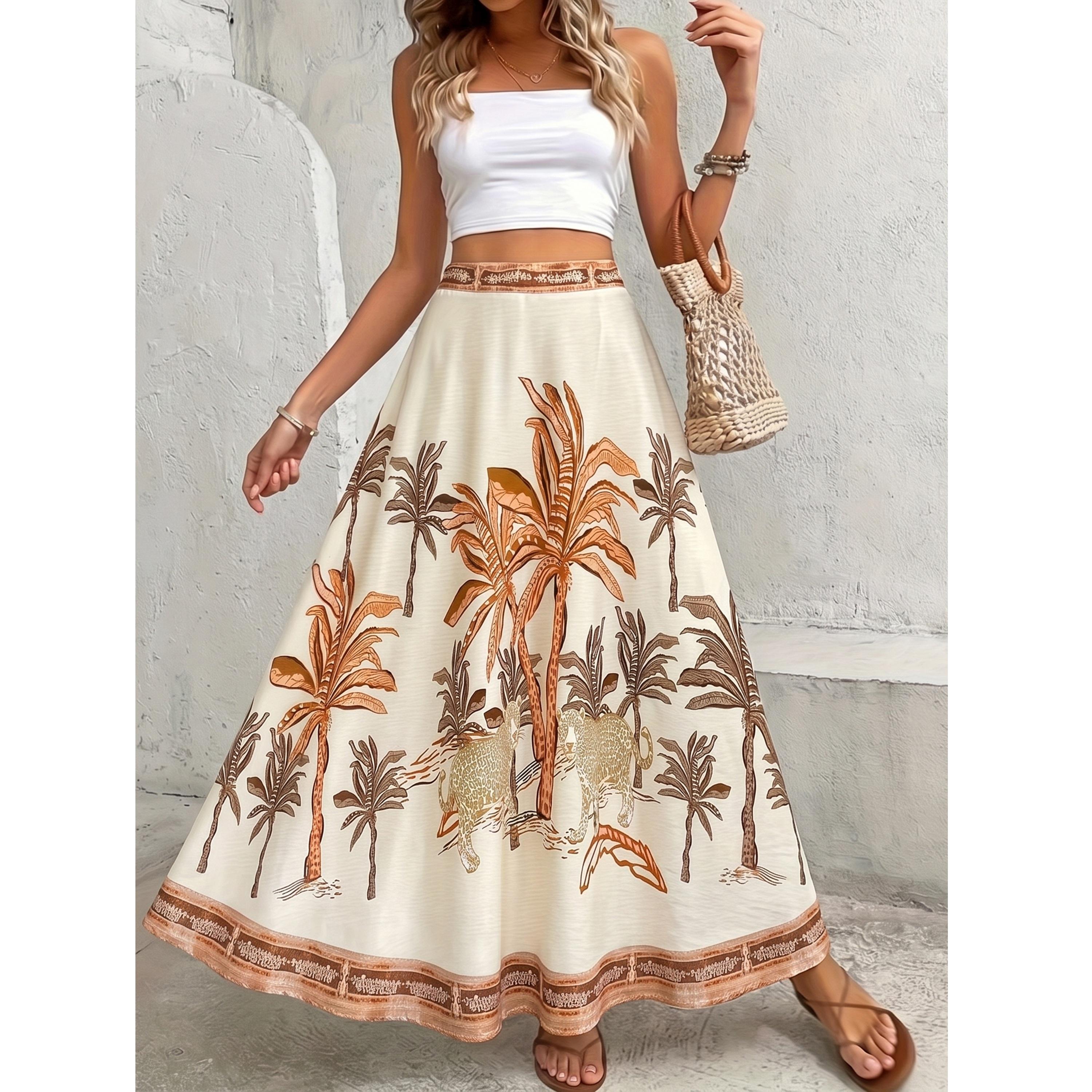 تنورة طويلة بحافة واسعة ونمط شجر نخل مطبوع-women-clothing-skirts-image-2