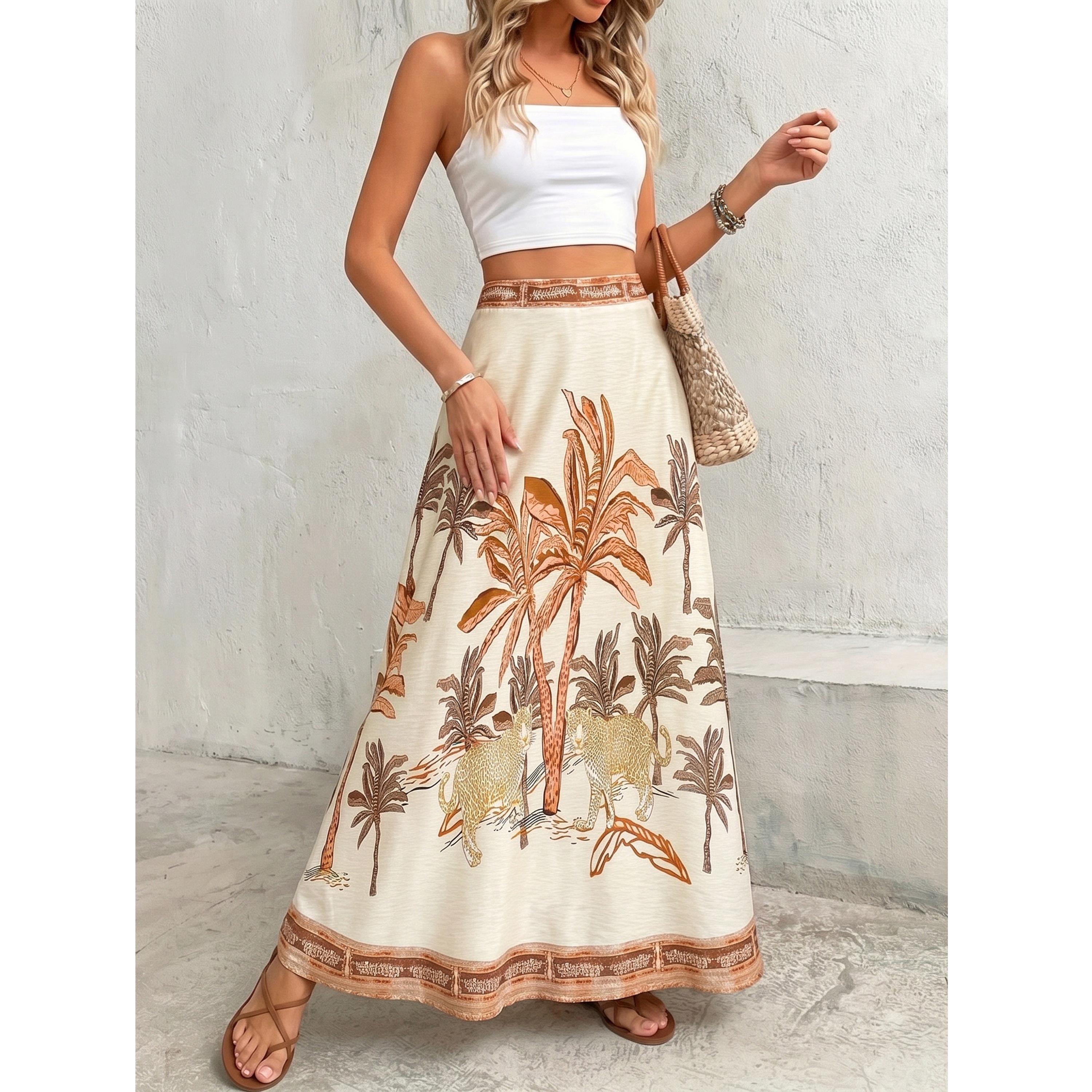 تنورة طويلة بحافة واسعة ونمط شجر نخل مطبوع-women-clothing-skirts-image-3