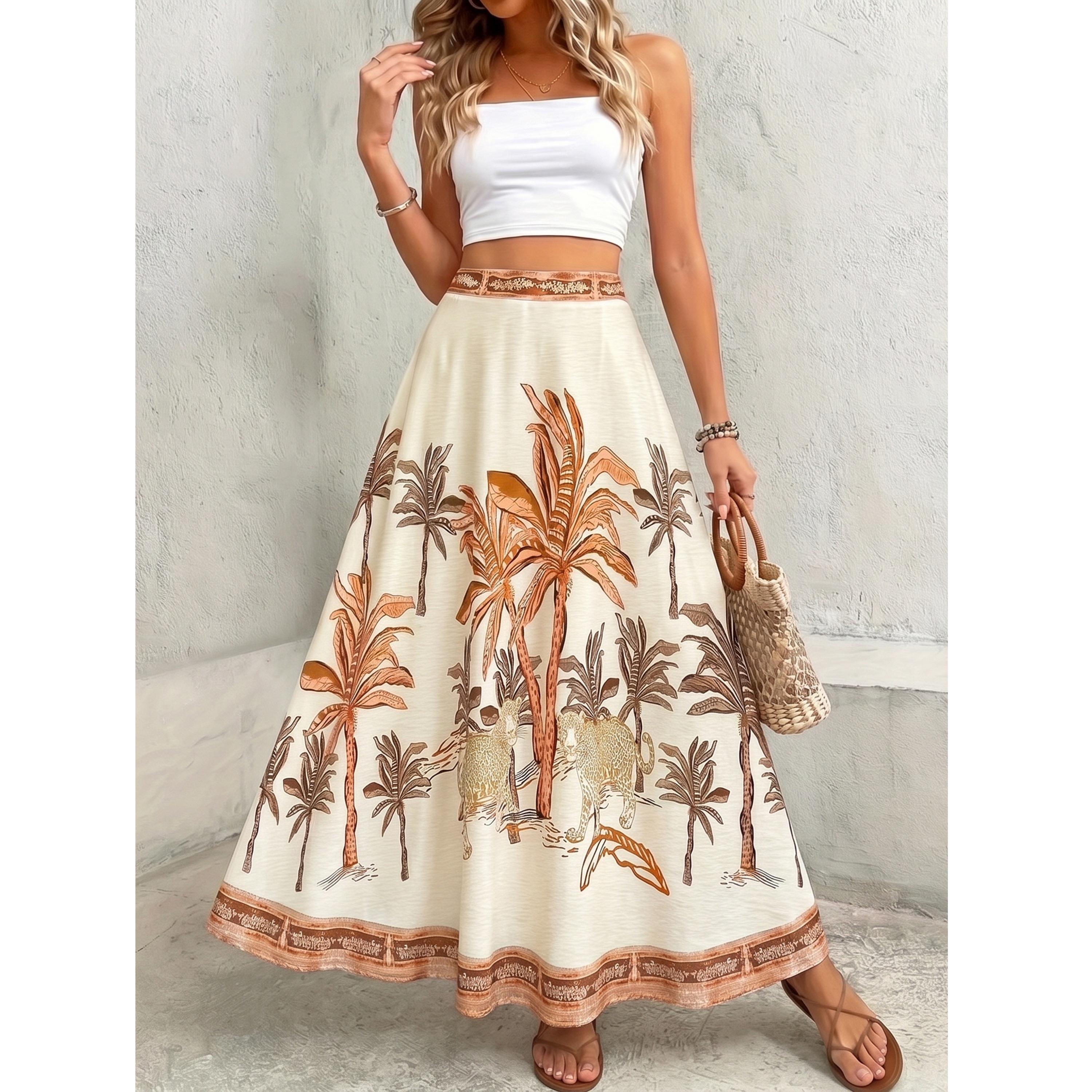 تنورة طويلة بحافة واسعة ونمط شجر نخل مطبوع-women-clothing-skirts-image-4