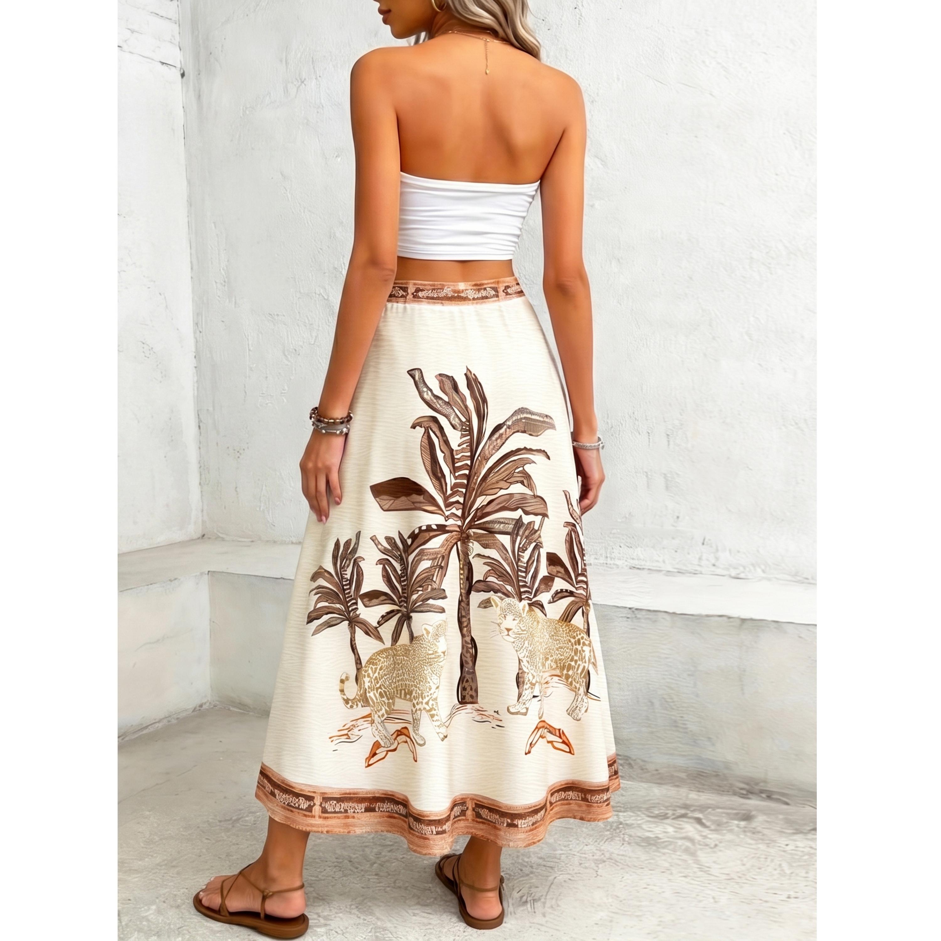 تنورة طويلة بحافة واسعة ونمط شجر نخل مطبوع-women-clothing-skirts-image-5