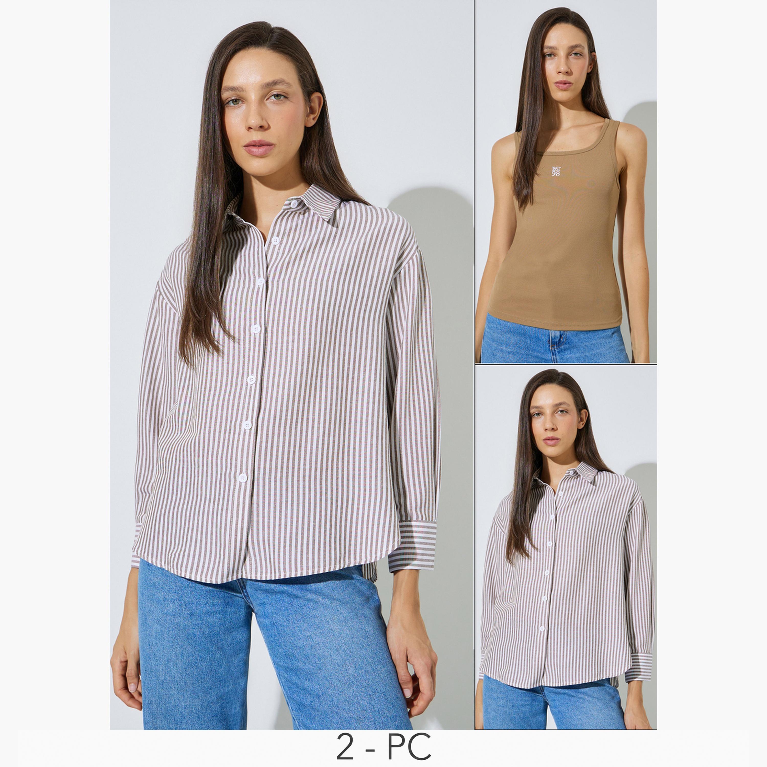 طقم مكون من قطعتين بلوزة بلا أكمام وقميص مخطط مريح-women-clothing-shirtsandblouses-shirts-image-1
