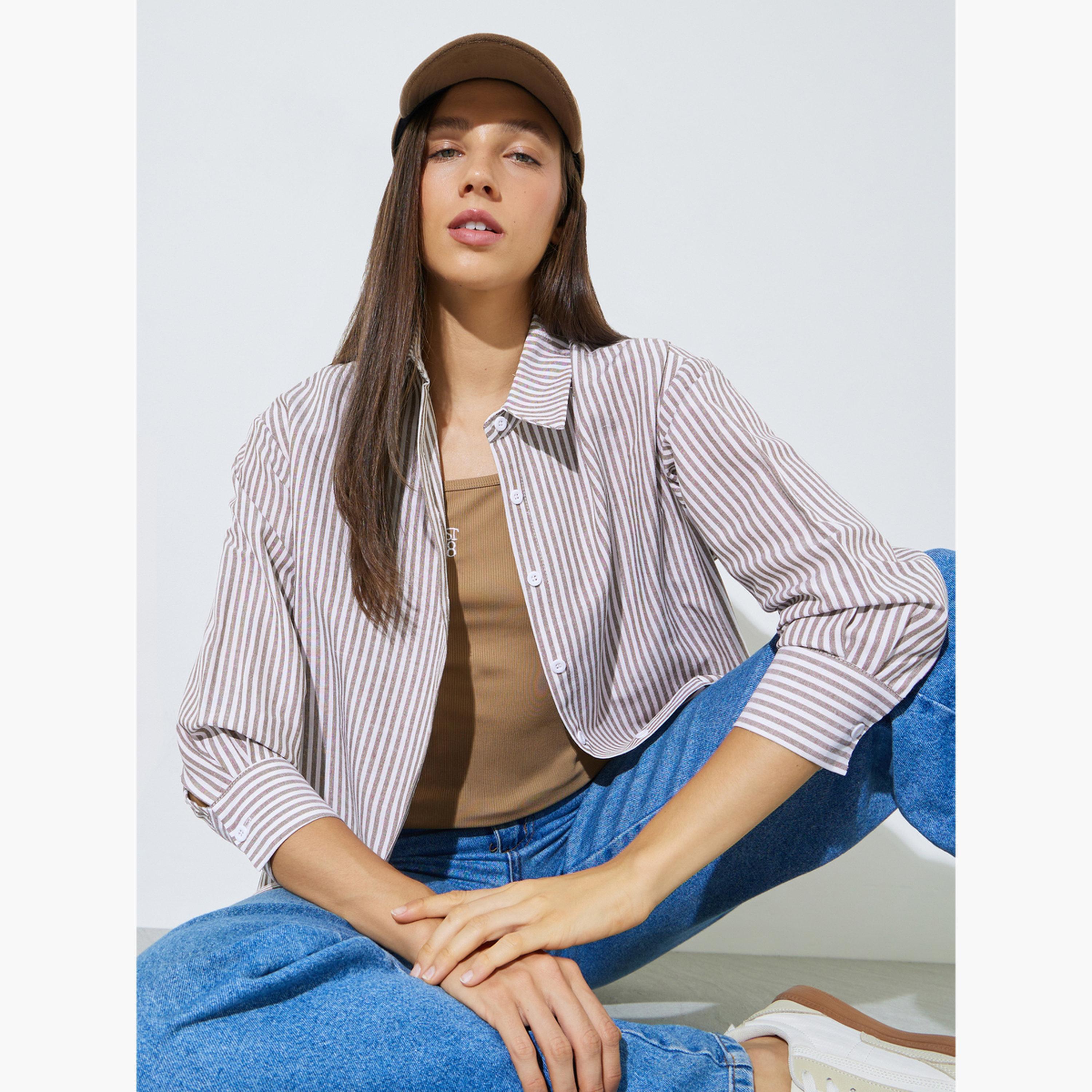 طقم مكون من قطعتين بلوزة بلا أكمام وقميص مخطط مريح-women-clothing-shirtsandblouses-shirts-image-2