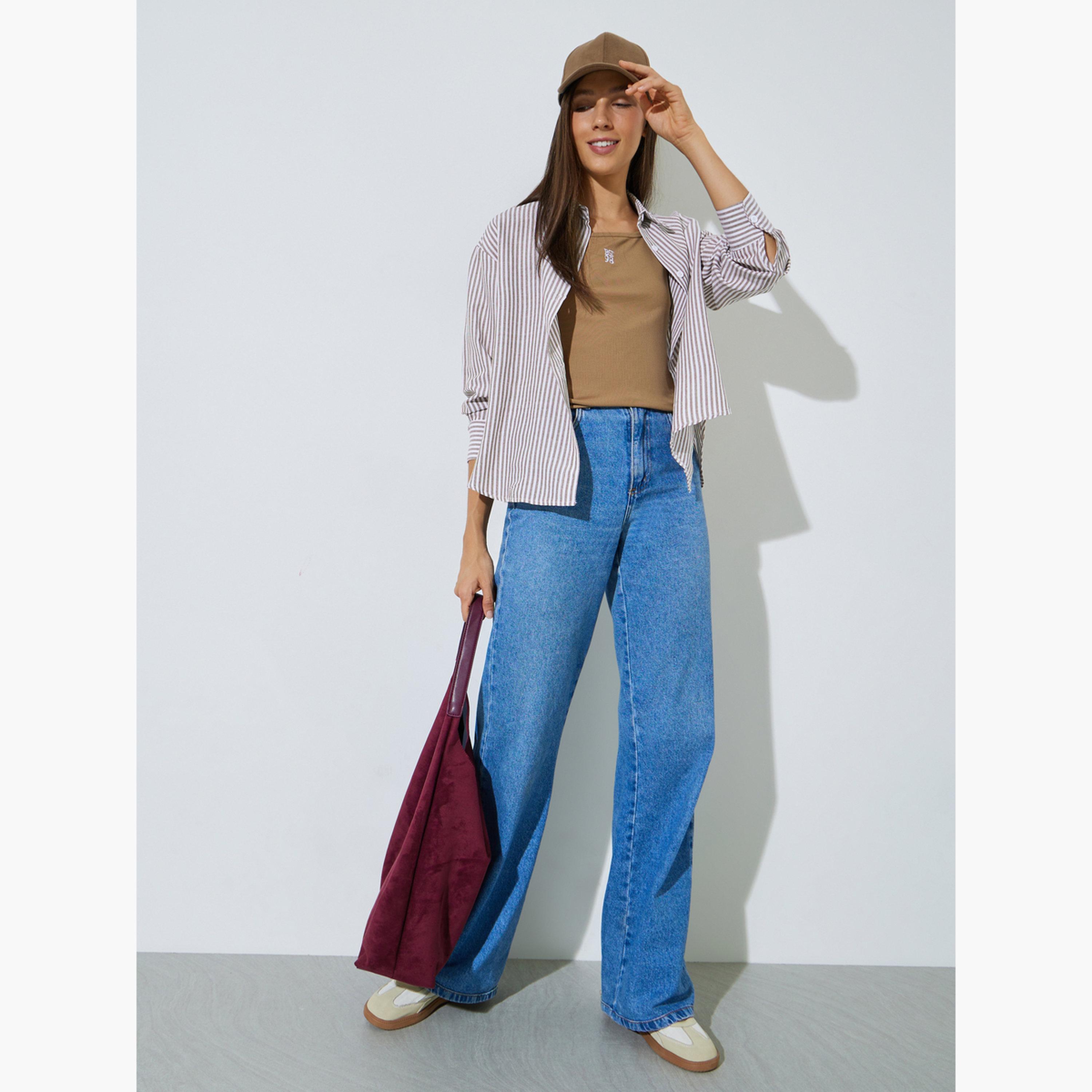 طقم مكون من قطعتين بلوزة بلا أكمام وقميص مخطط مريح-women-clothing-shirtsandblouses-shirts-image-3
