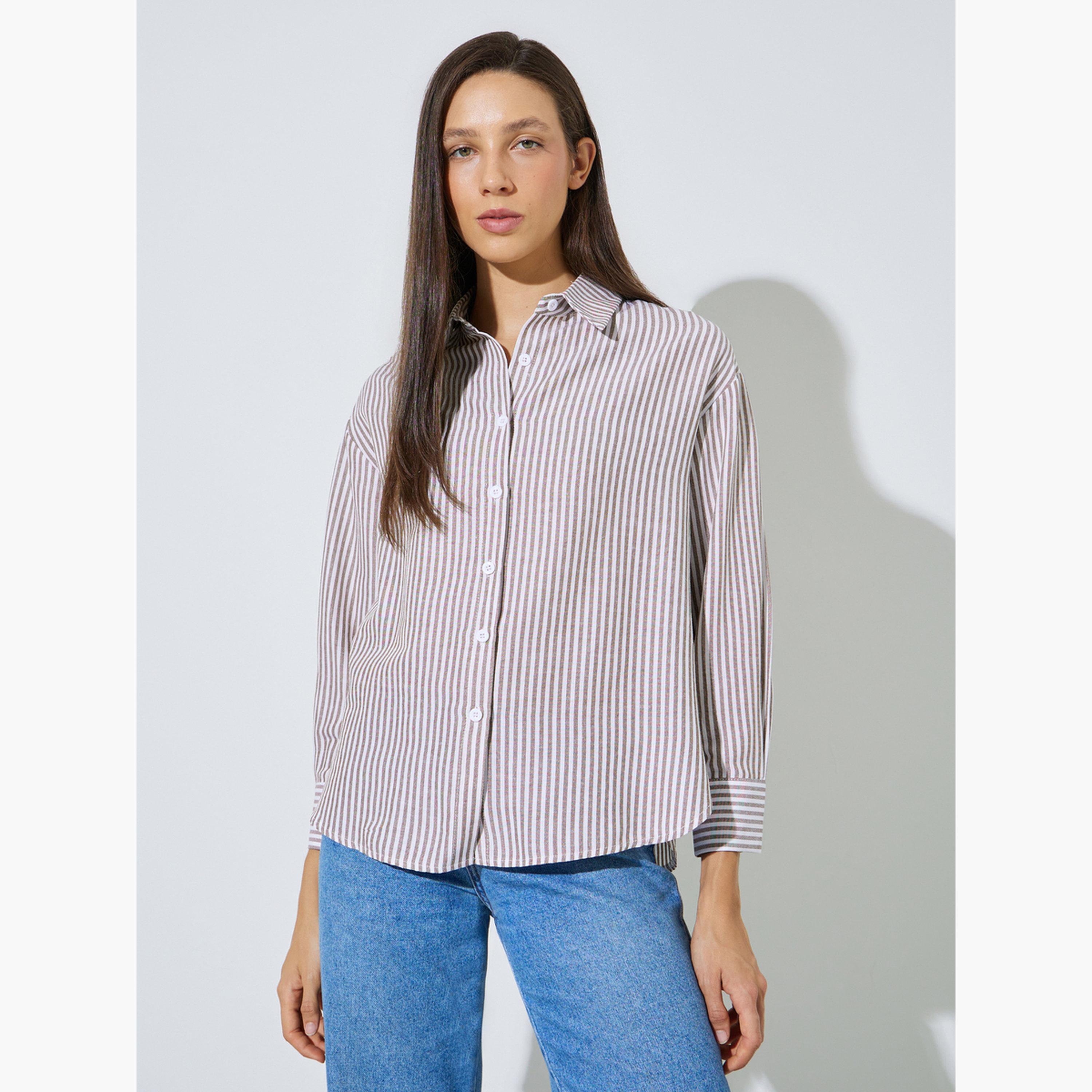طقم مكون من قطعتين بلوزة بلا أكمام وقميص مخطط مريح-women-clothing-shirtsandblouses-shirts-image-4