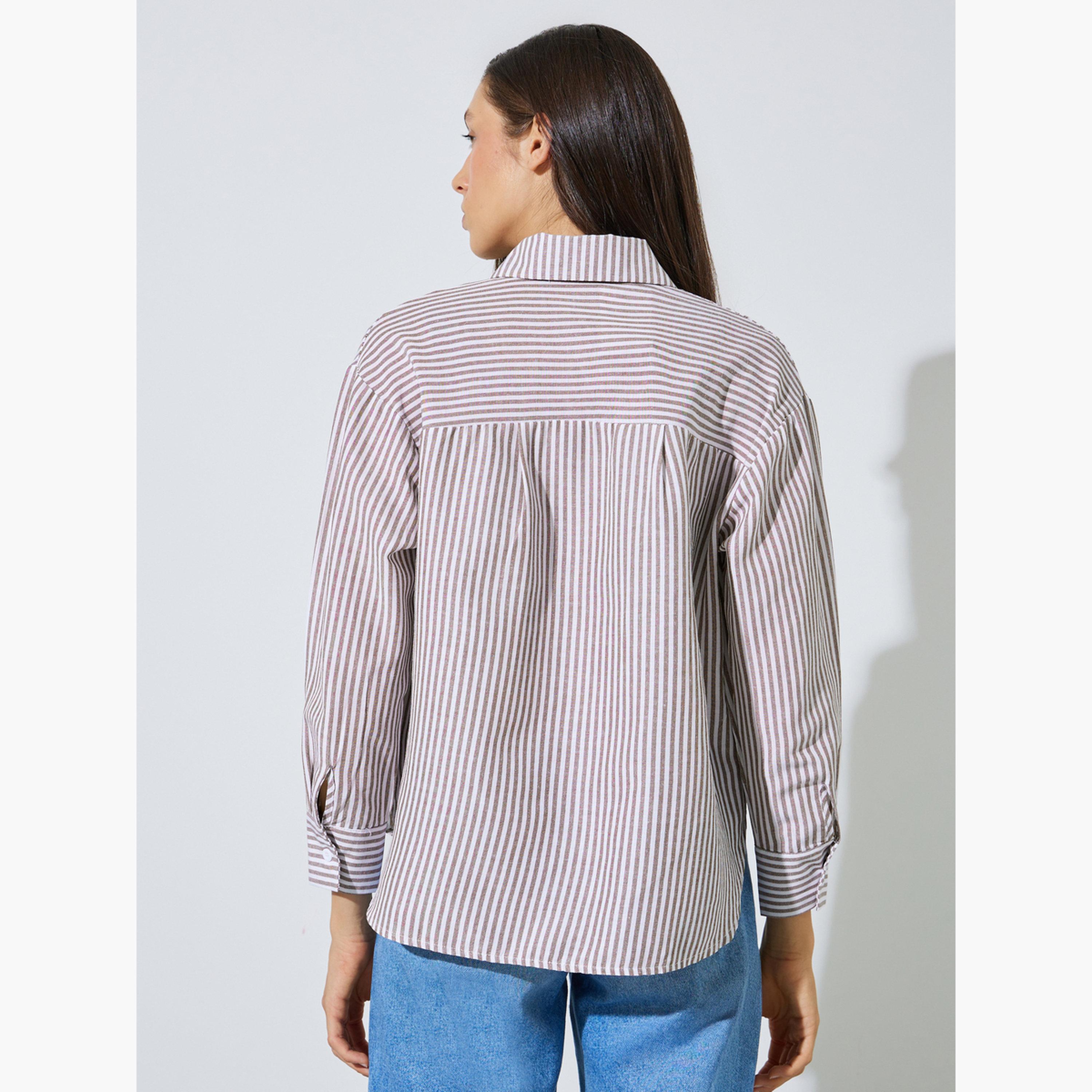 طقم مكون من قطعتين بلوزة بلا أكمام وقميص مخطط مريح-women-clothing-shirtsandblouses-shirts-image-6