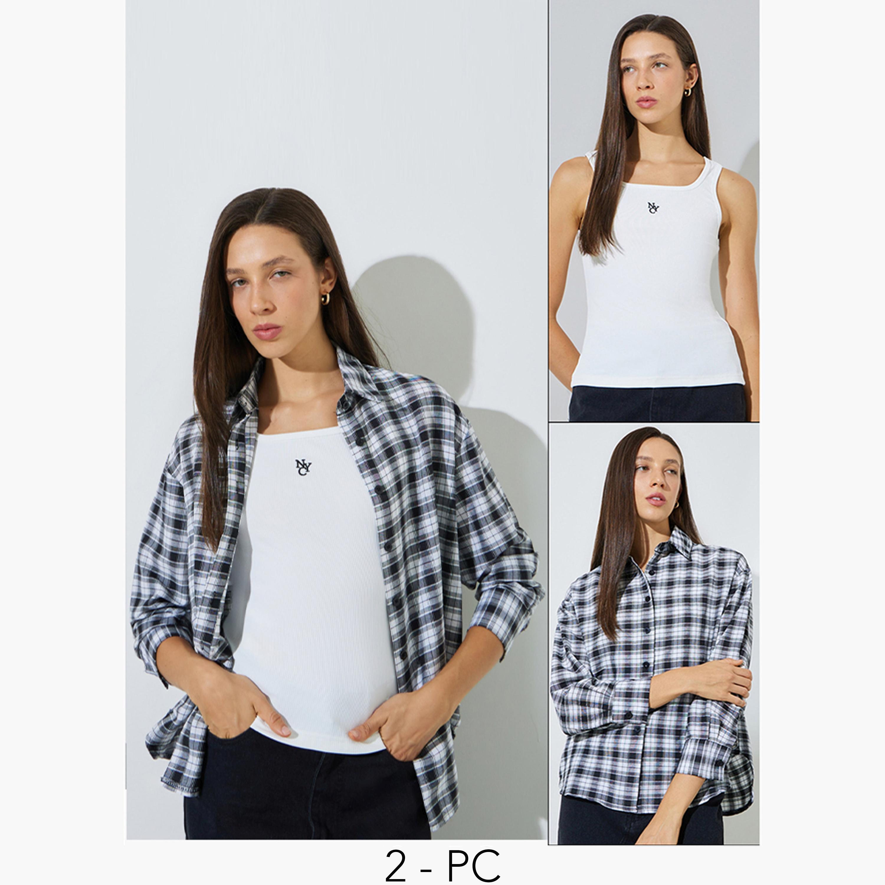 ستايلي - قطعتين - قميص بأكمام طويلة بنقشة مربعات وقميص داخلي بدون أكمام-women-clothing-shirtsandblouses-shirts-image-1
