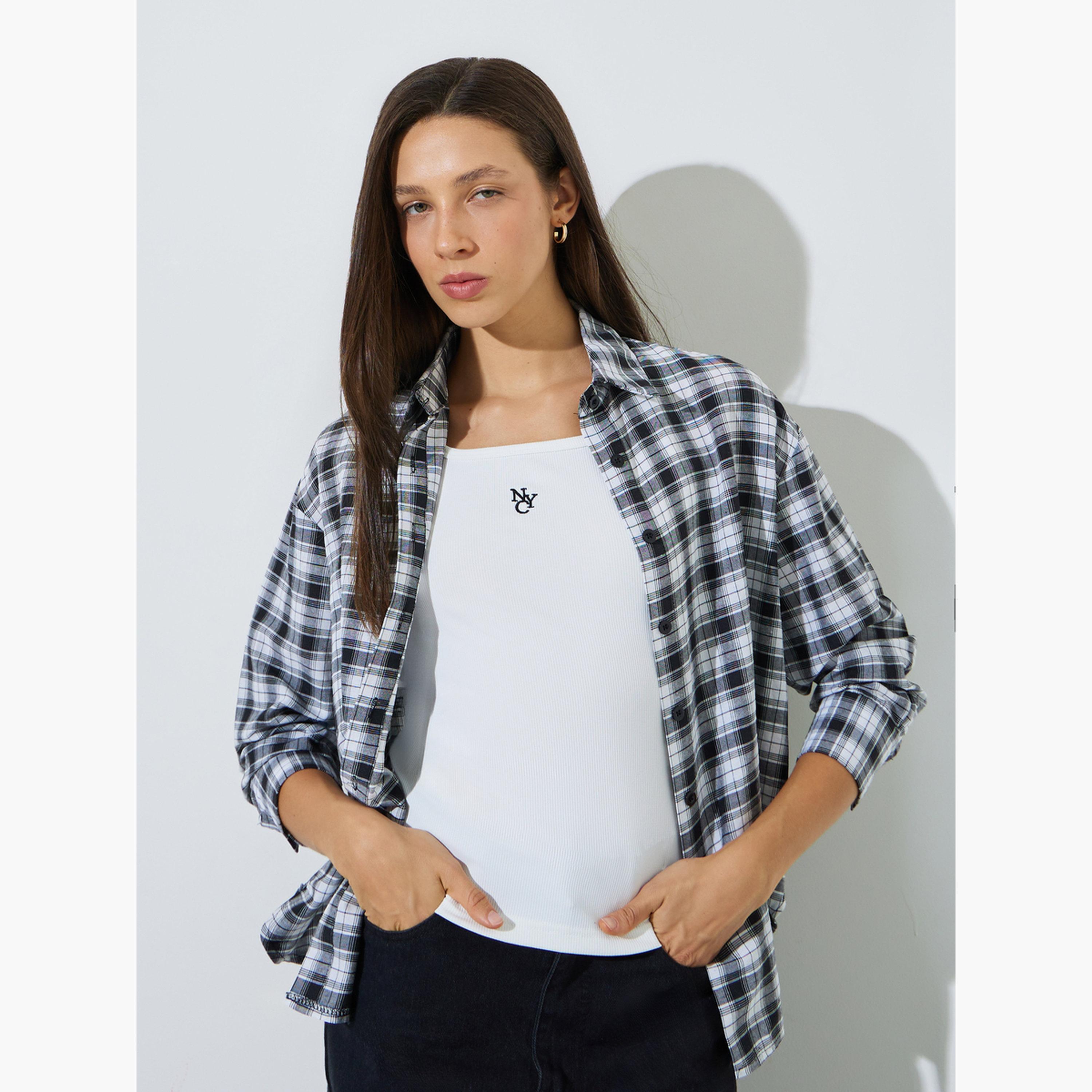 ستايلي - قطعتين - قميص بأكمام طويلة بنقشة مربعات وقميص داخلي بدون أكمام-women-clothing-shirtsandblouses-shirts-image-2