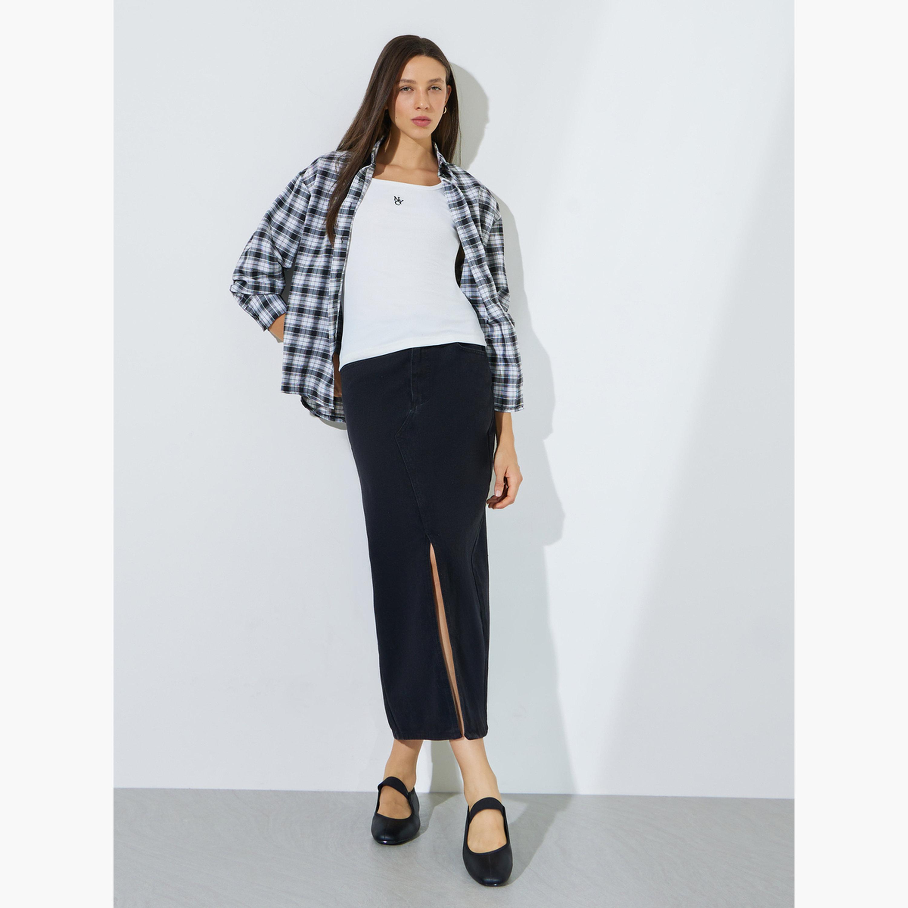 ستايلي - قطعتين - قميص بأكمام طويلة بنقشة مربعات وقميص داخلي بدون أكمام-women-clothing-shirtsandblouses-shirts-image-3