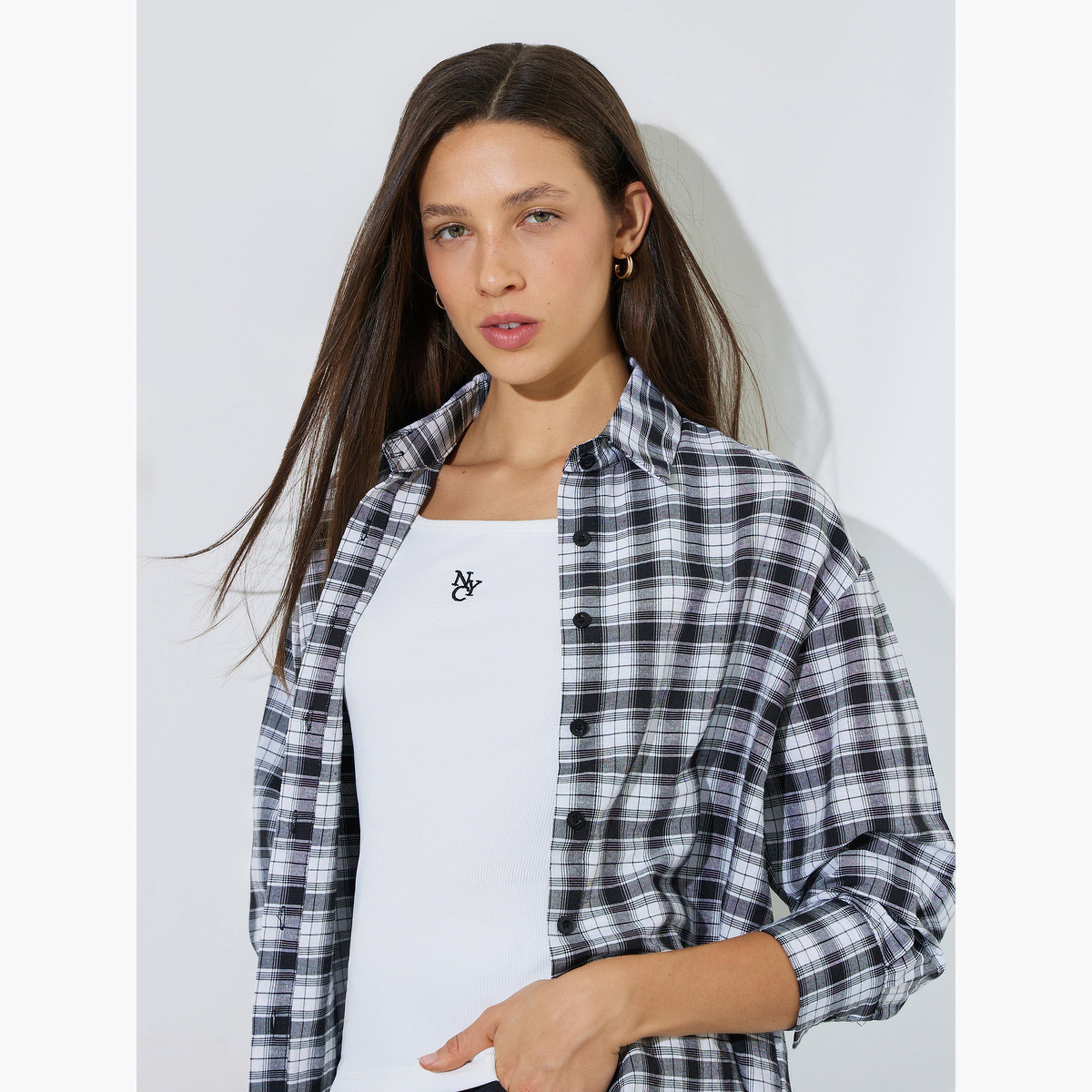 ستايلي - قطعتين - قميص بأكمام طويلة بنقشة مربعات وقميص داخلي بدون أكمام-women-clothing-shirtsandblouses-shirts-image-4