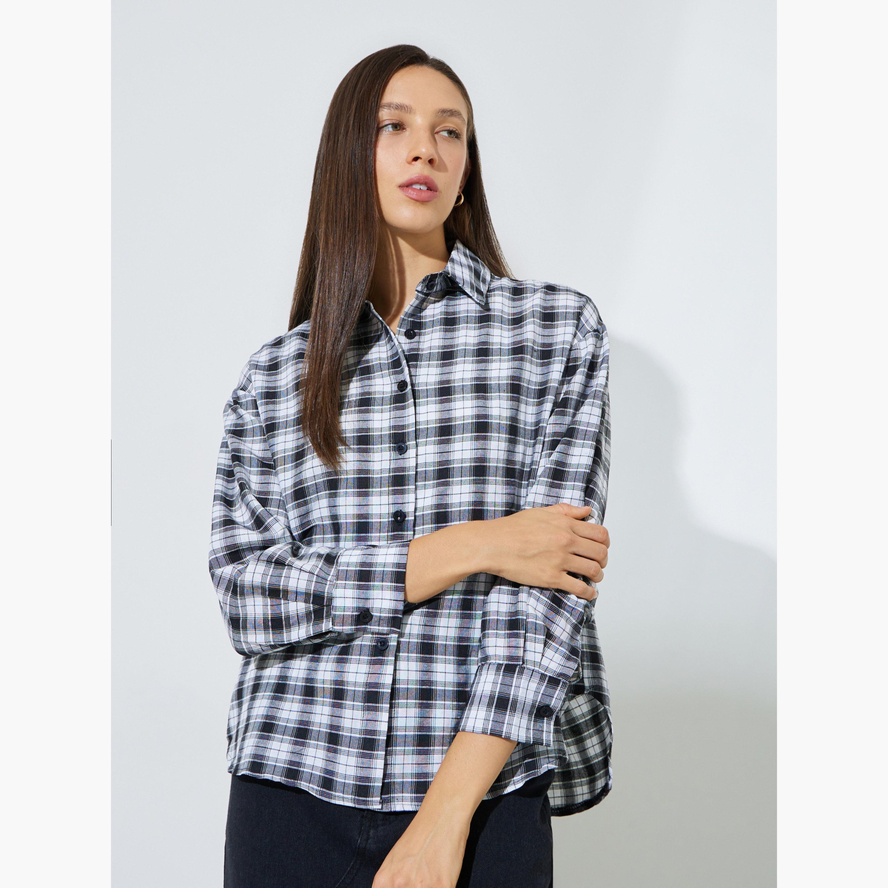 ستايلي - قطعتين - قميص بأكمام طويلة بنقشة مربعات وقميص داخلي بدون أكمام-women-clothing-shirtsandblouses-shirts-image-5