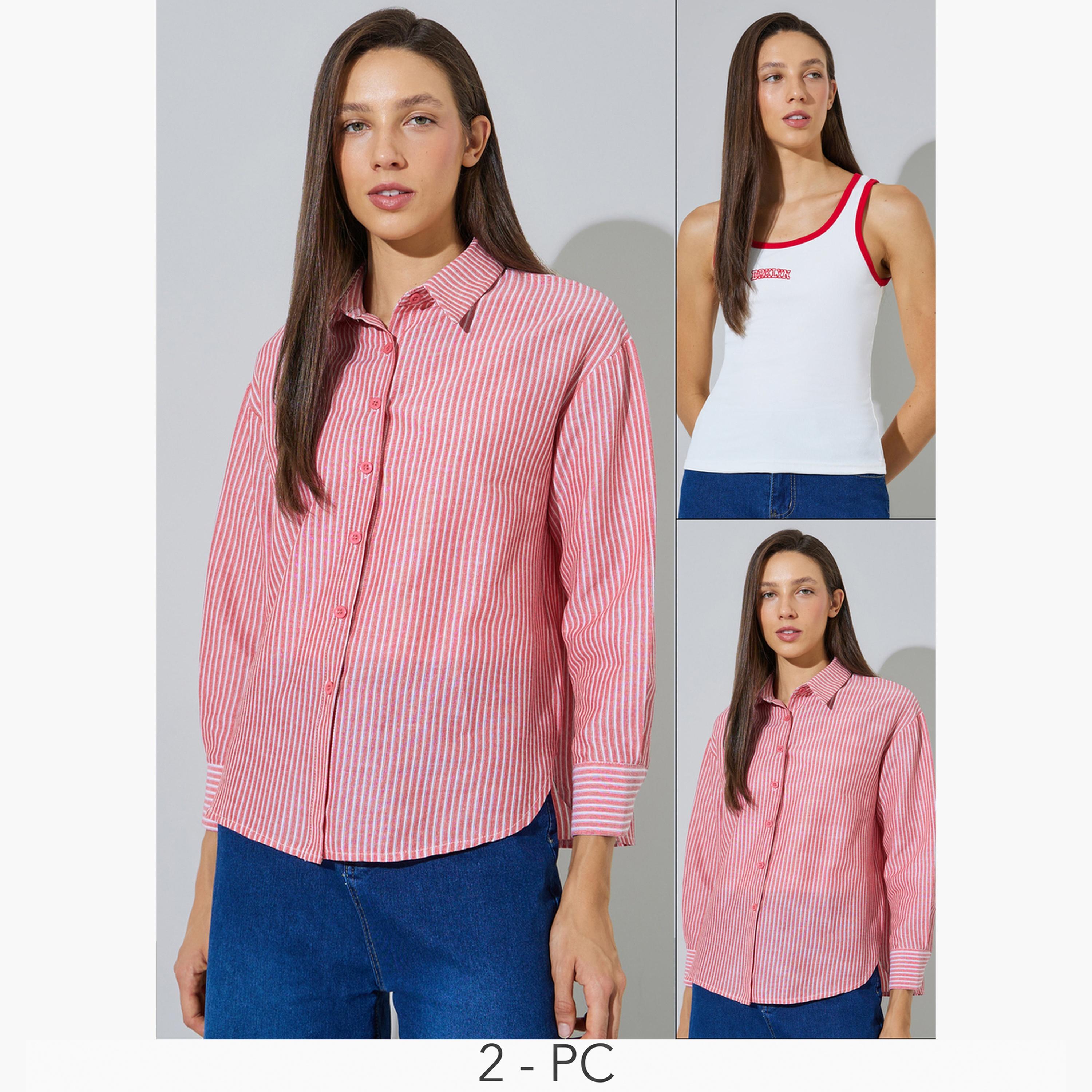 طقم مكون من قطعتين بلوزة بلا أكمام وقميص مخطط بأكمام طويلة-women-clothing-shirtsandblouses-shirts-image-1