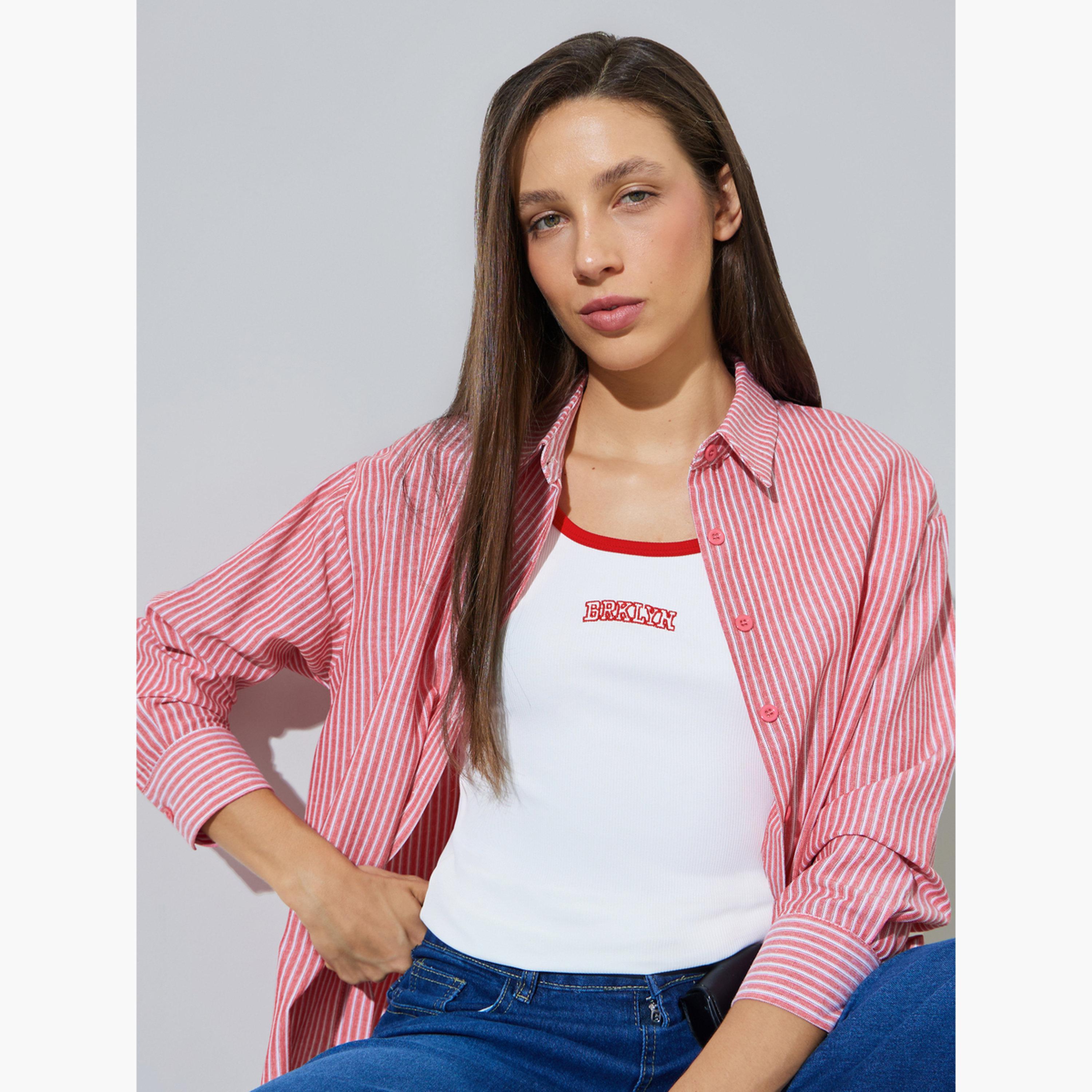 طقم مكون من قطعتين بلوزة بلا أكمام وقميص مخطط بأكمام طويلة-women-clothing-shirtsandblouses-shirts-image-2