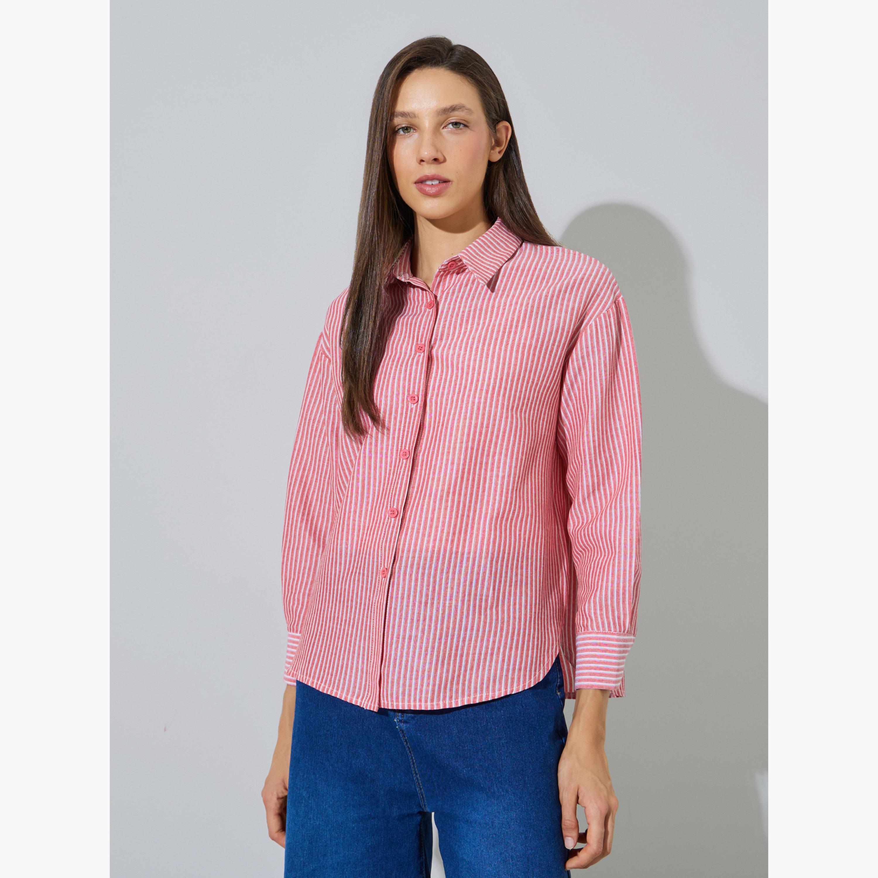طقم مكون من قطعتين بلوزة بلا أكمام وقميص مخطط بأكمام طويلة-women-clothing-shirtsandblouses-shirts-image-4