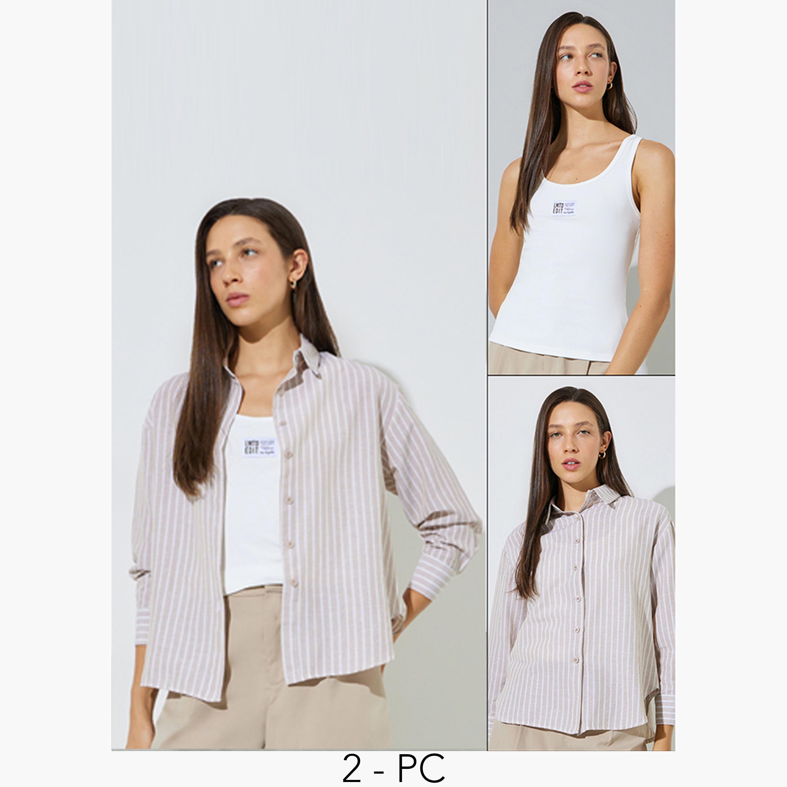 ستايلي - طقم قطعتين - قميص مخطط بأكمام طويلة وقميص داخلي بدون أكمام-women-clothing-shirtsandblouses-shirts-image-1