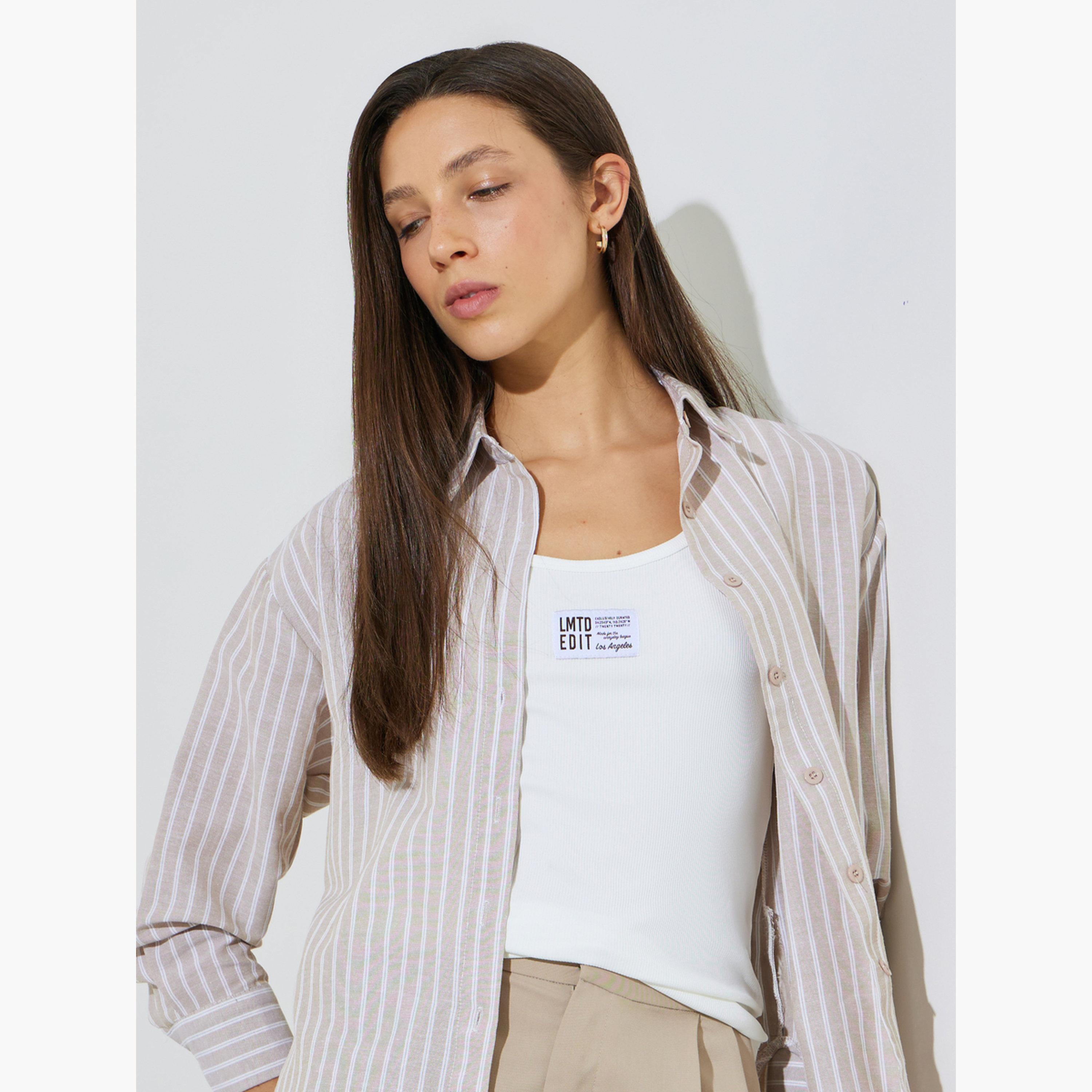 ستايلي - طقم قطعتين - قميص مخطط بأكمام طويلة وقميص داخلي بدون أكمام-women-clothing-shirtsandblouses-shirts-image-2