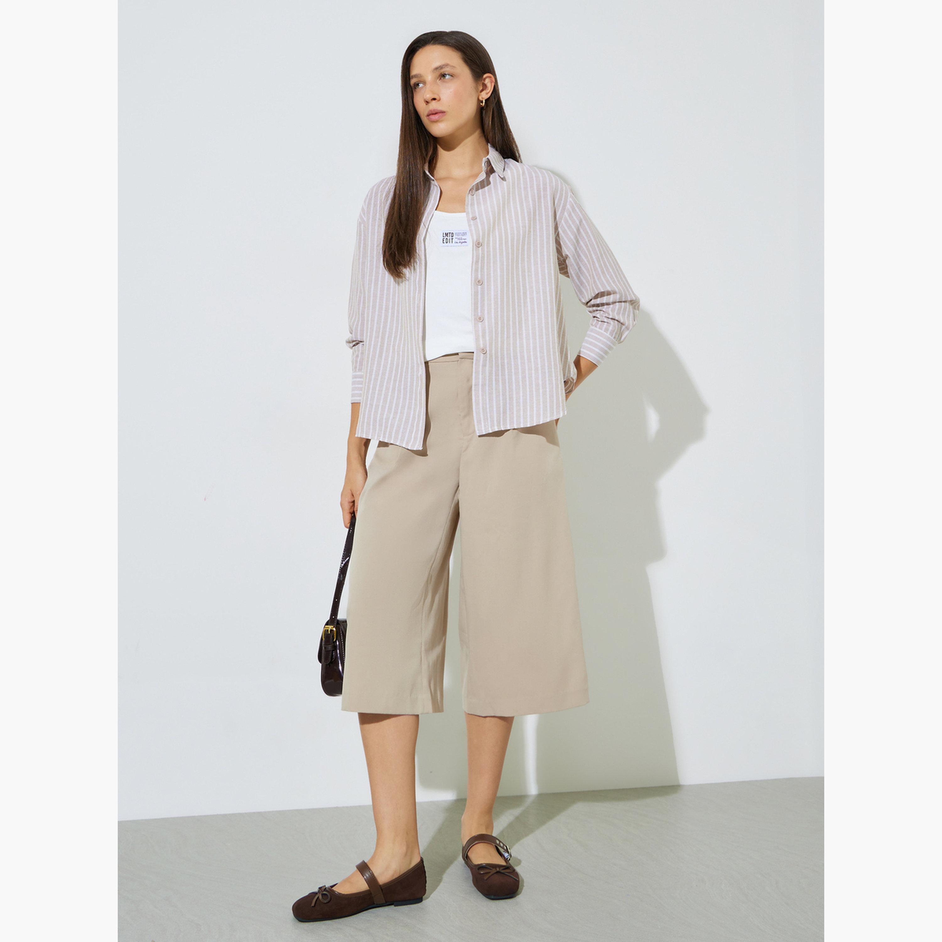 ستايلي - طقم قطعتين - قميص مخطط بأكمام طويلة وقميص داخلي بدون أكمام-women-clothing-shirtsandblouses-shirts-image-3