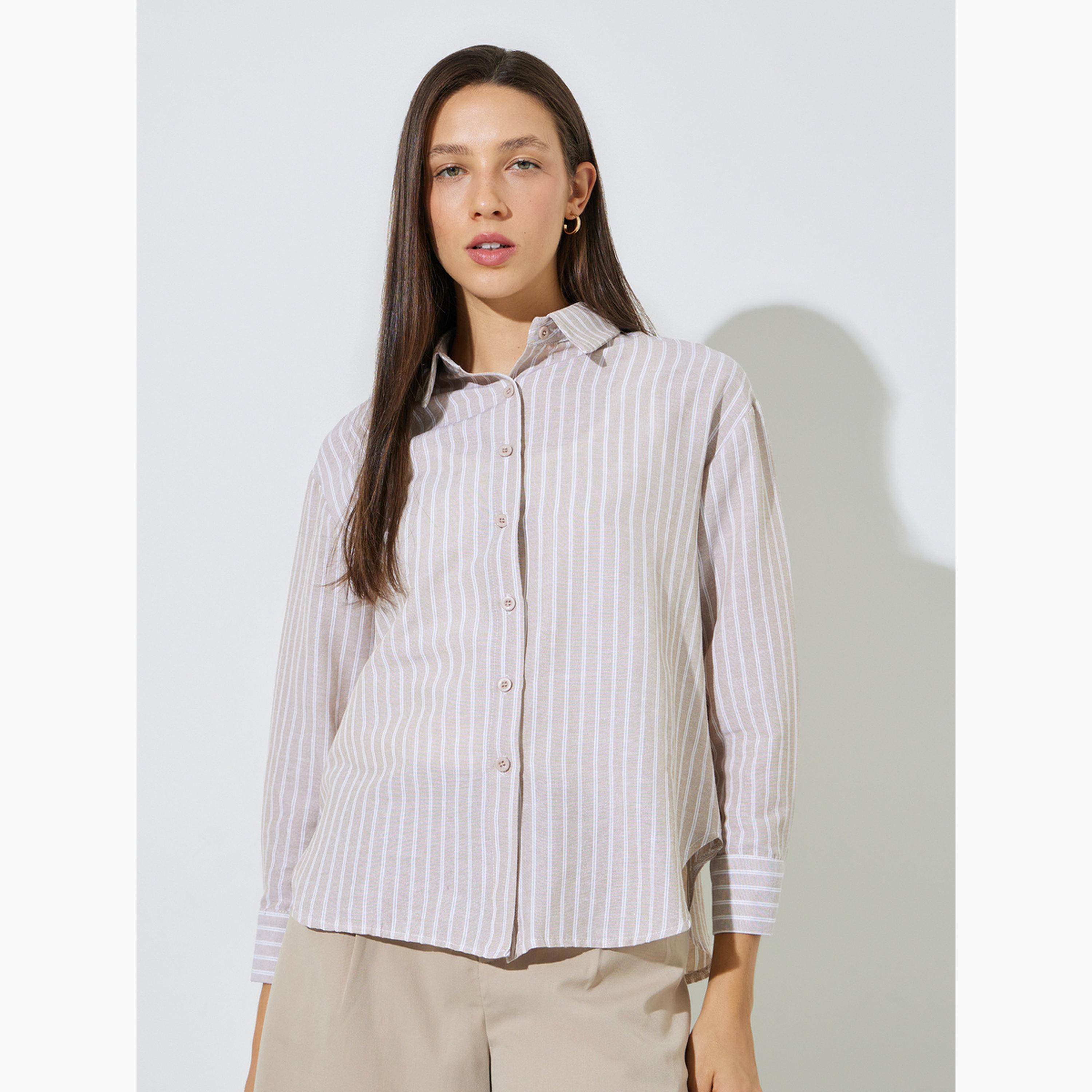 ستايلي - طقم قطعتين - قميص مخطط بأكمام طويلة وقميص داخلي بدون أكمام-women-clothing-shirtsandblouses-shirts-image-4