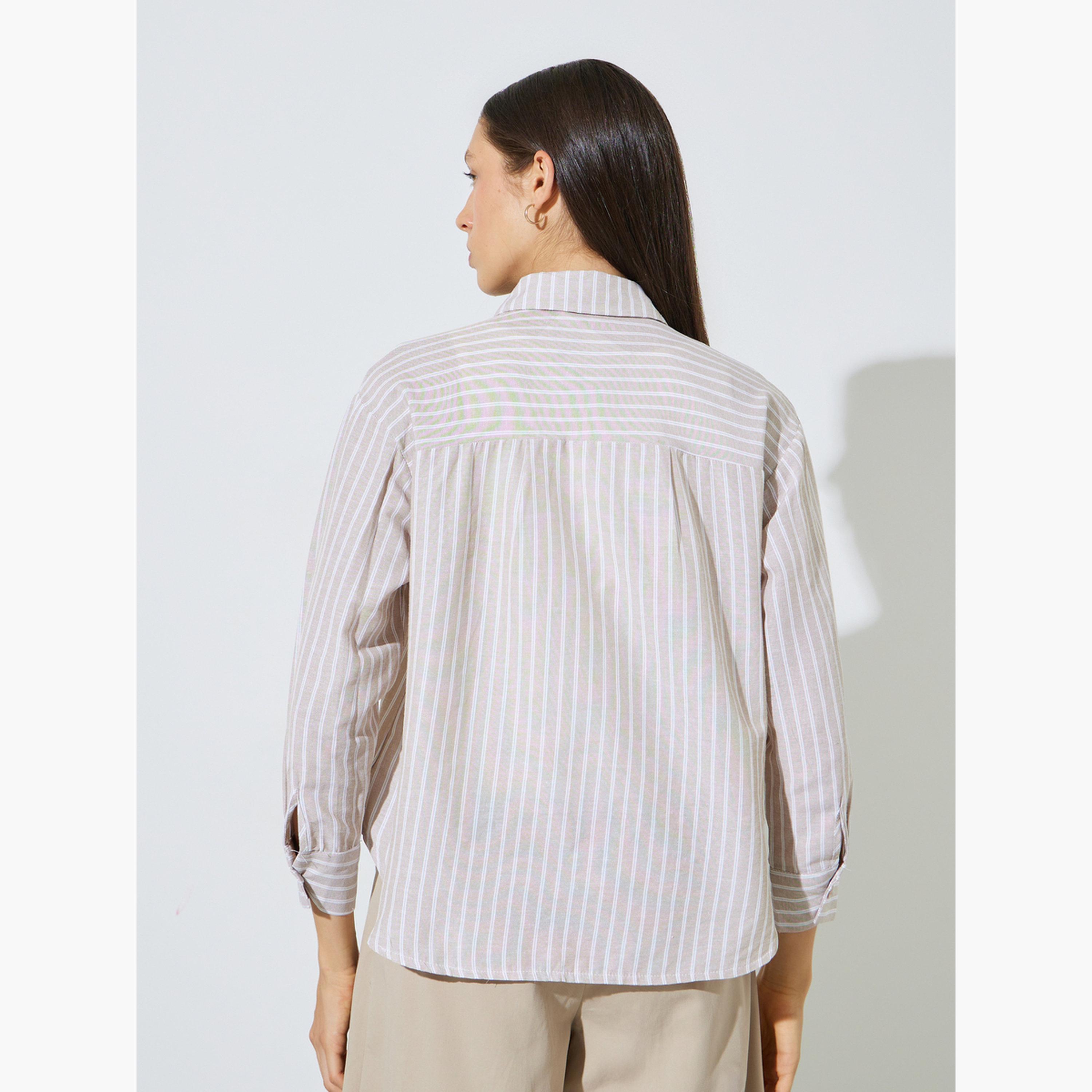 ستايلي - طقم قطعتين - قميص مخطط بأكمام طويلة وقميص داخلي بدون أكمام-women-clothing-shirtsandblouses-shirts-image-6