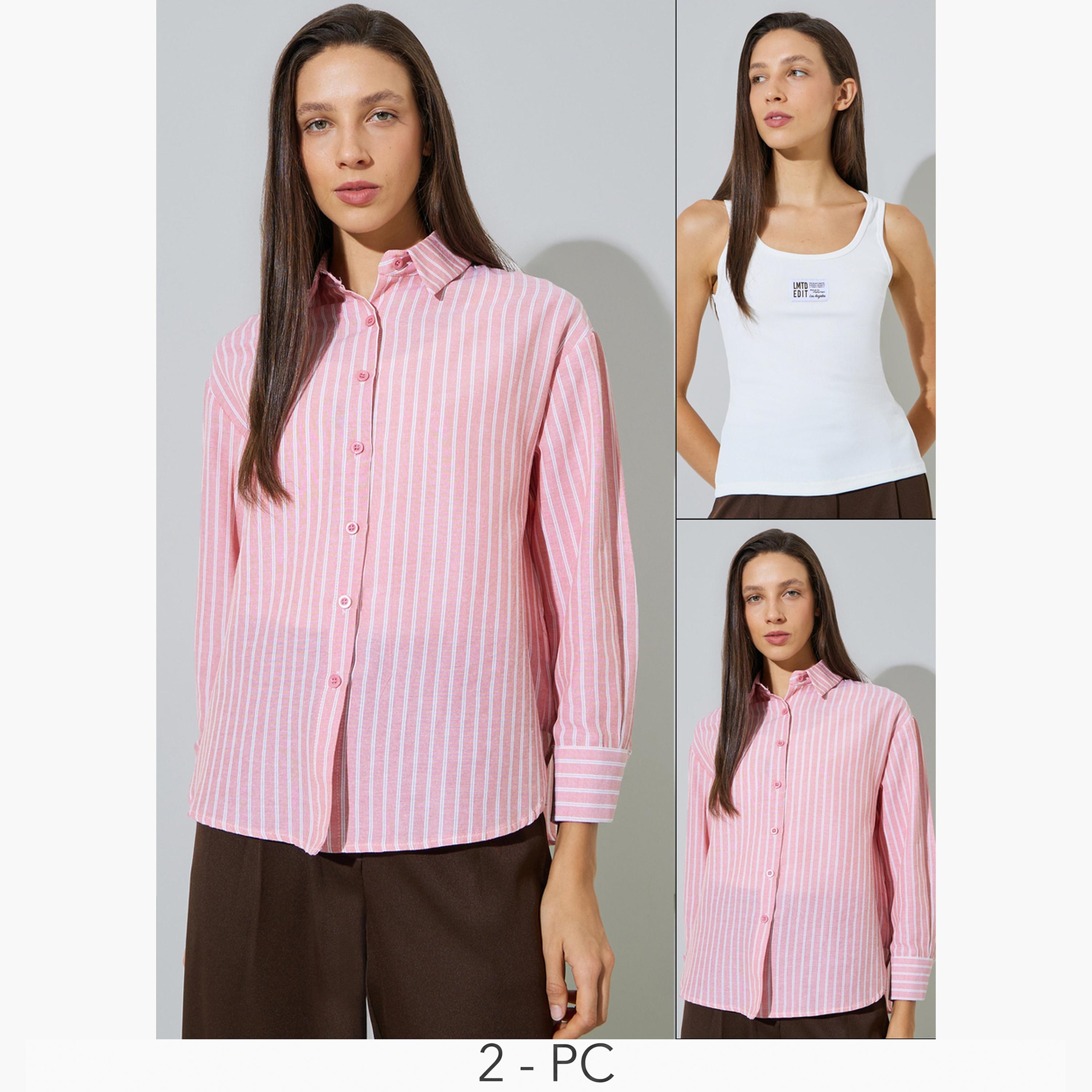 طقم مكون من قطعتين بلوزة بلا أكمام وقميص مخطط بأكمام طويلة-women-clothing-shirtsandblouses-shirts-image-1