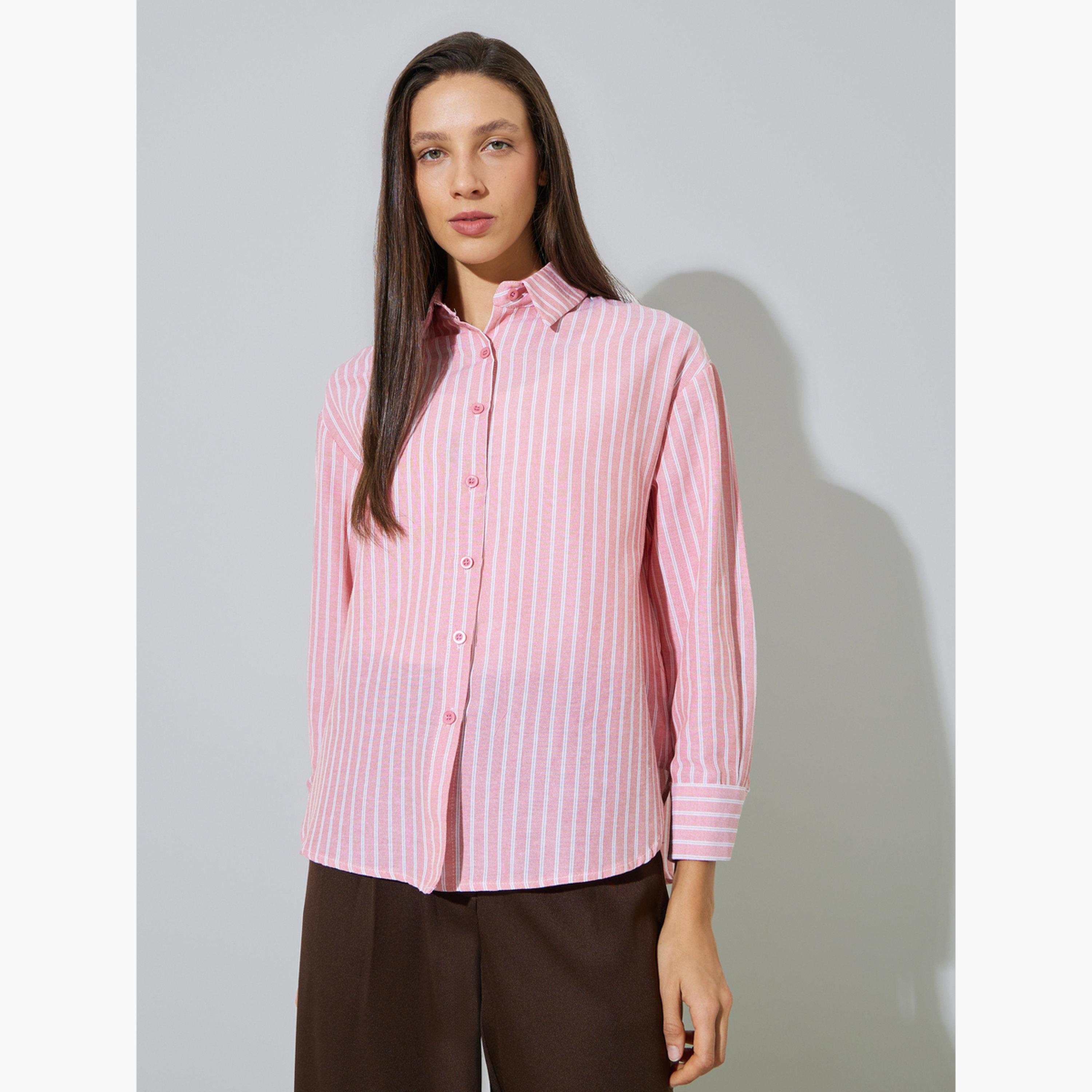 طقم مكون من قطعتين بلوزة بلا أكمام وقميص مخطط بأكمام طويلة-women-clothing-shirtsandblouses-shirts-image-4